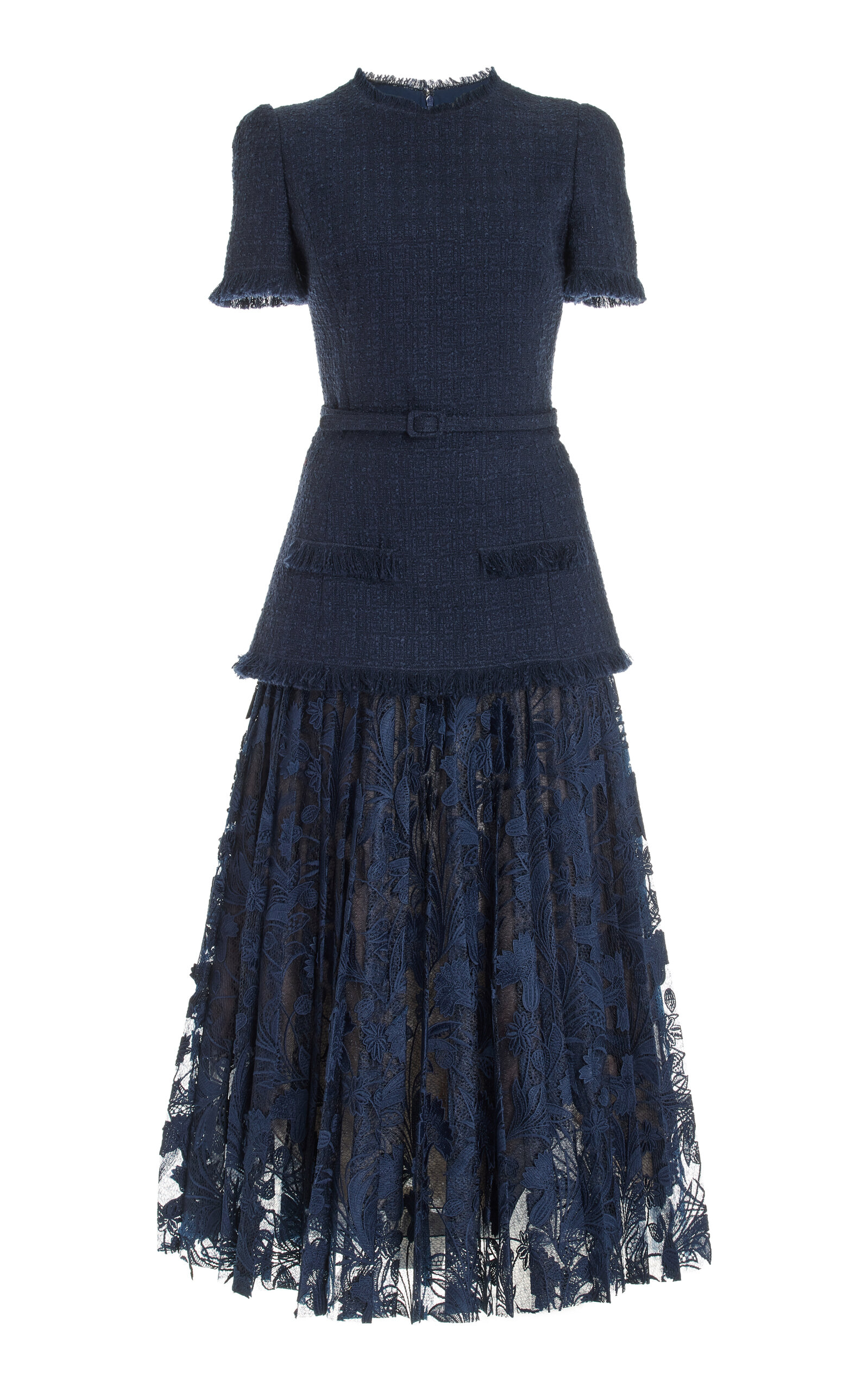 Shop Oscar De La Renta Tailored Guipure-lace Wool-tweed Maxi Dress In Navy