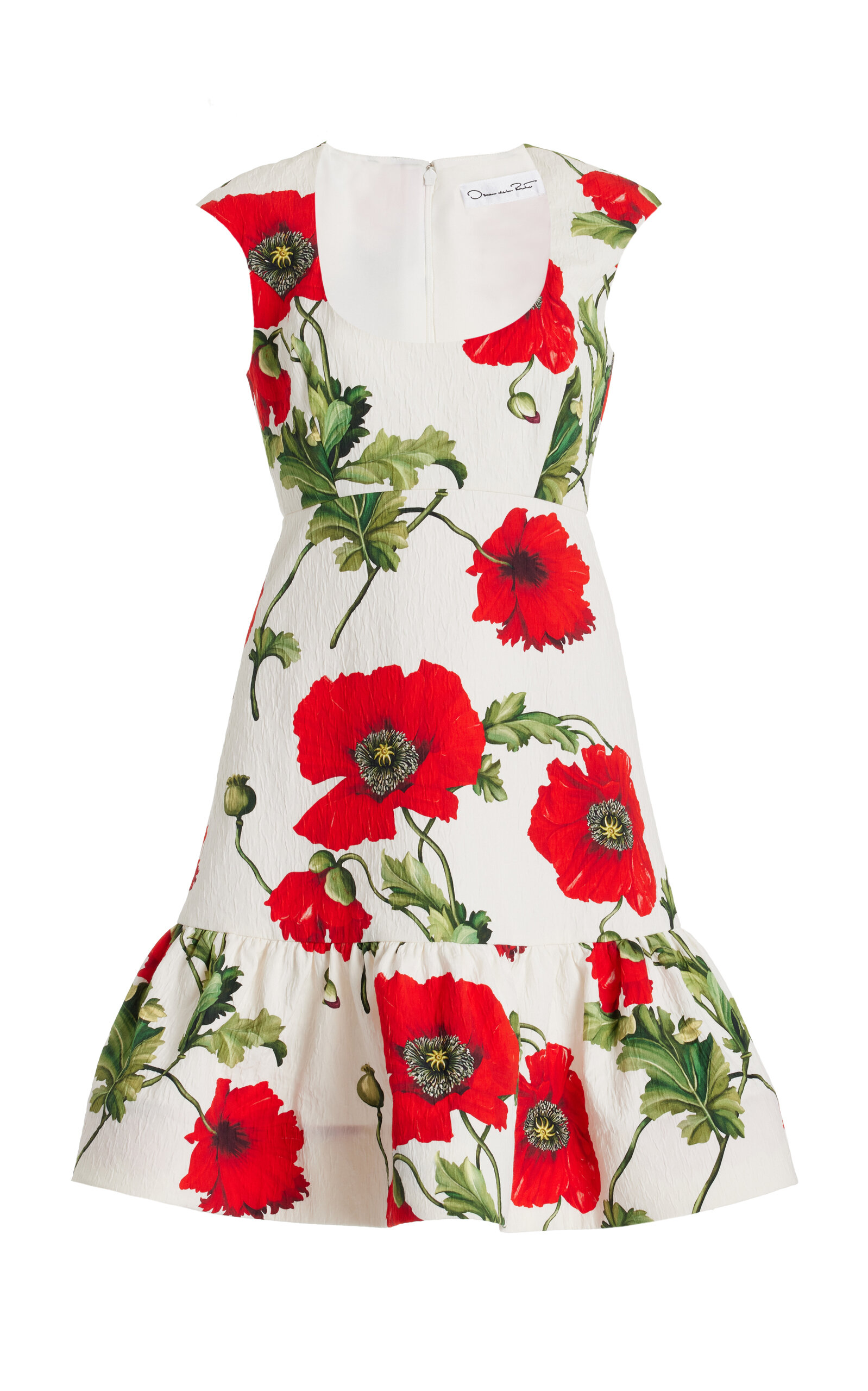 Oscar De La Renta Floral Cotton Cloque Mini Dress In White Red