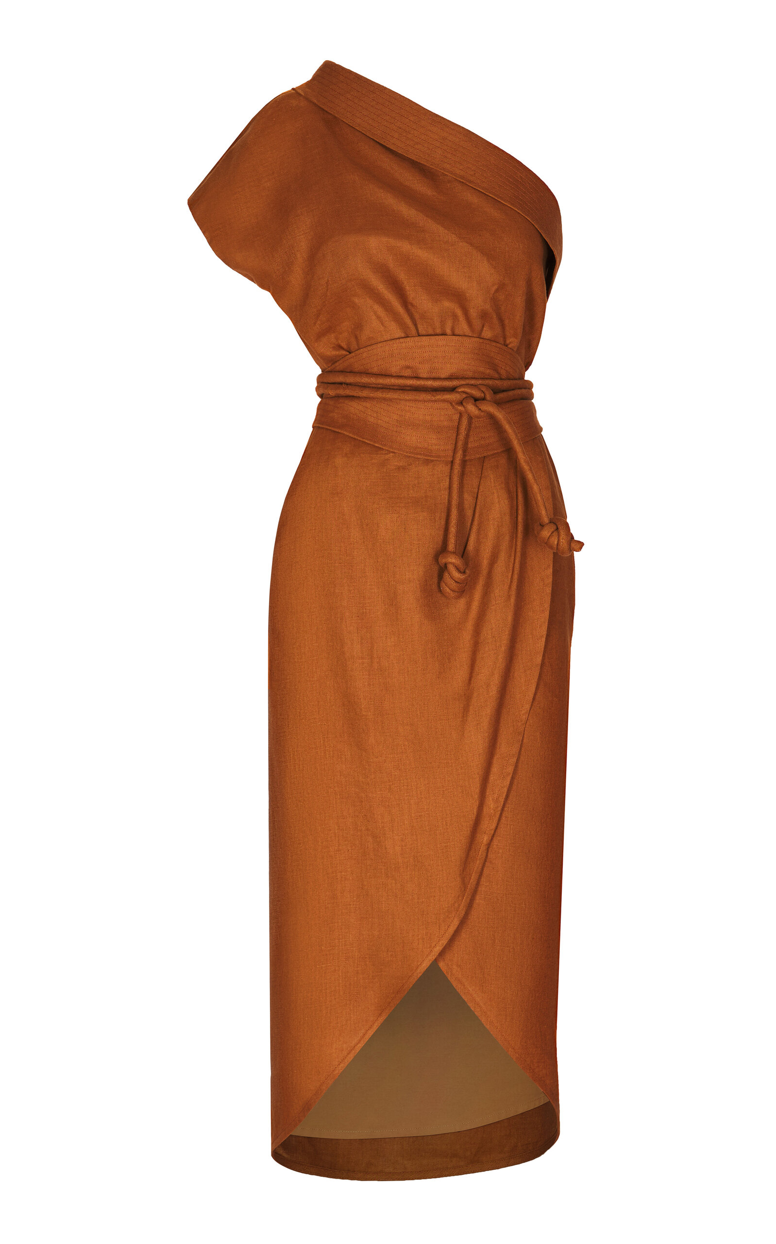 Andres Otalora Habanito Belted Asymmetric Linen Midi Dress In Brown