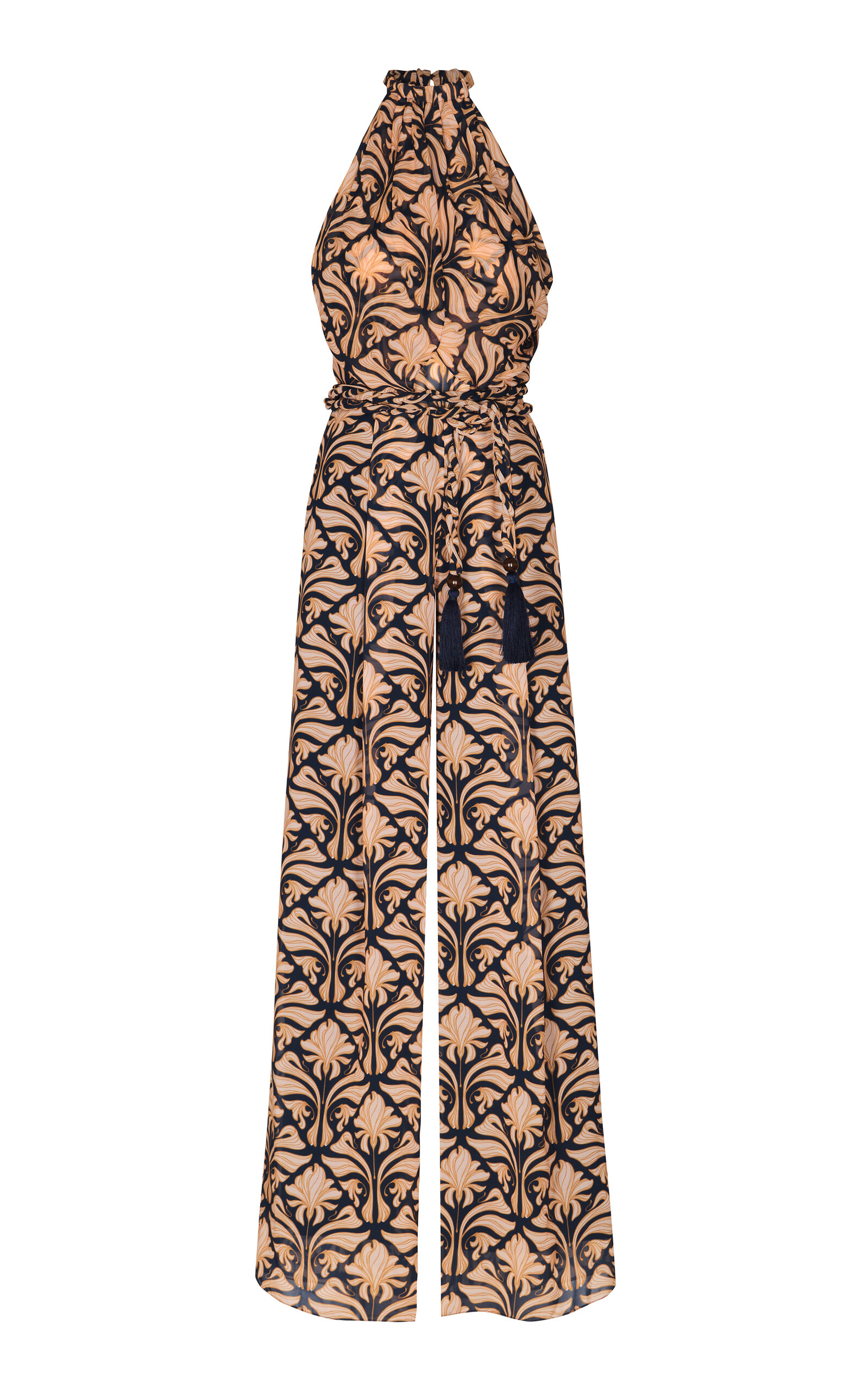 Andres Otalora Guabacoa Belted Chiffon Halter Jumpsuit In Tan