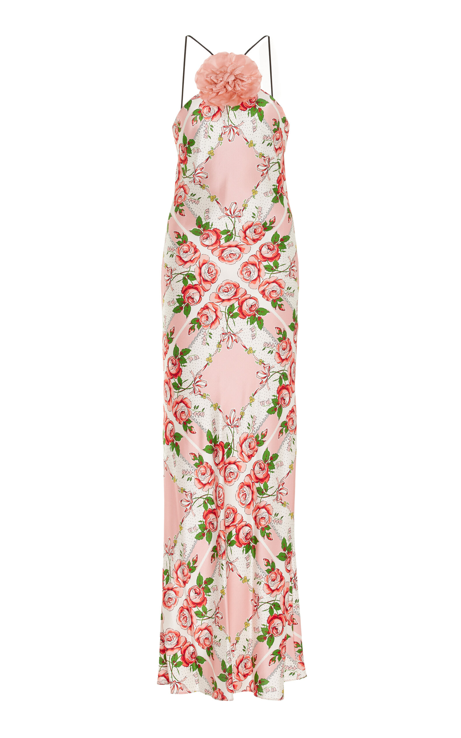 Floral-Detailed Rose-Printed Silk-Satin Slip Gown