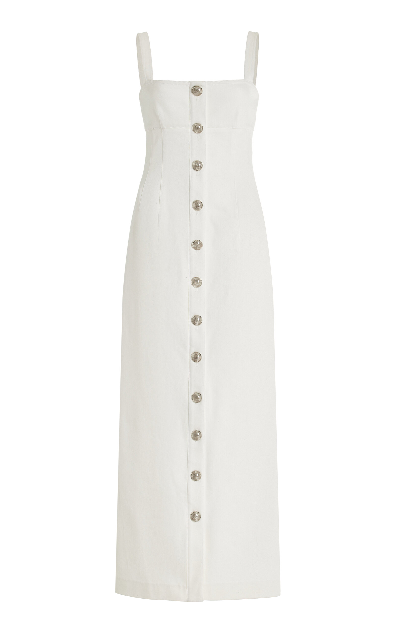 Shop Adam Lippes Camille Button-detailed Stretch-cotton Crepe Midi Dress In White