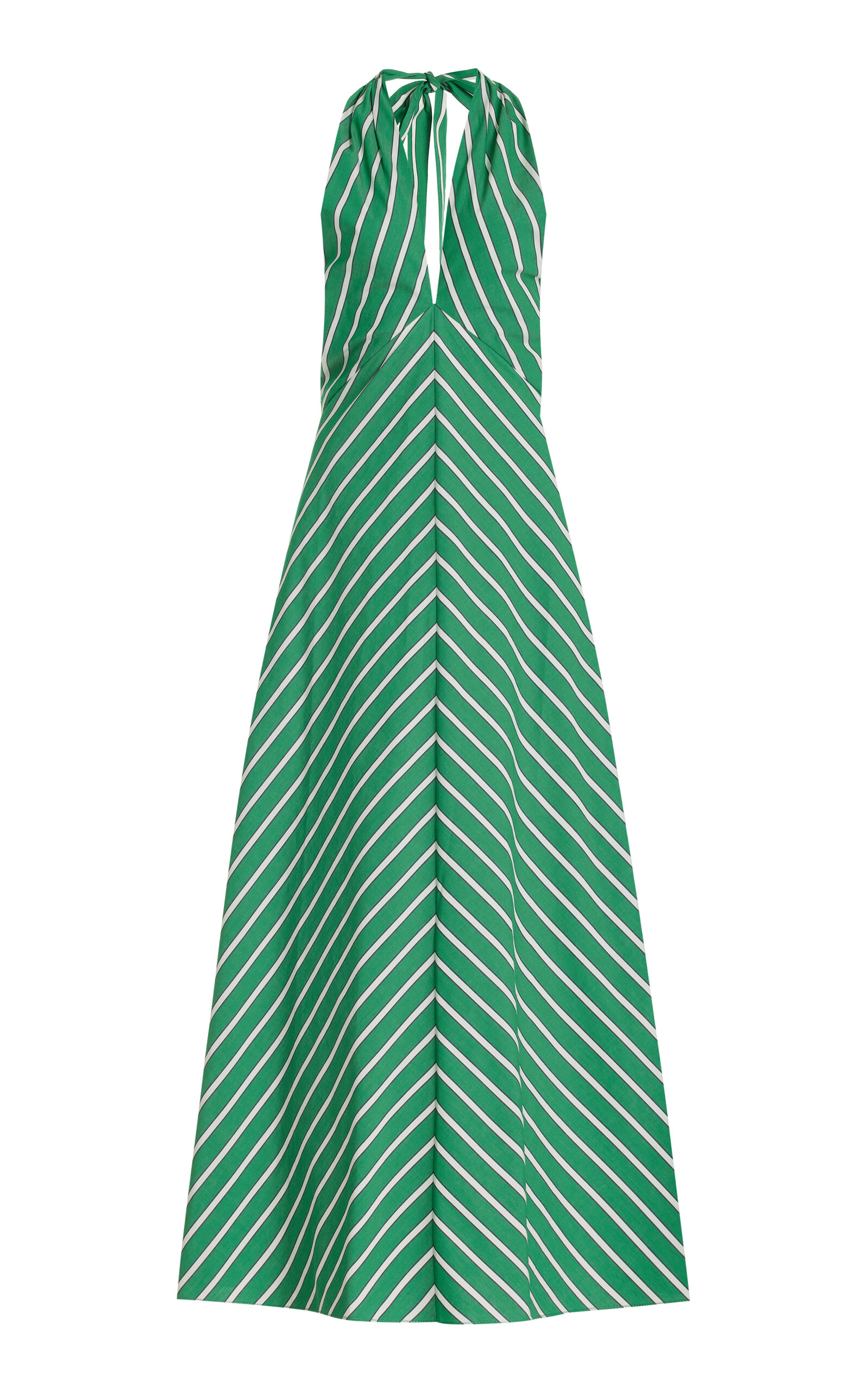 Shop Staud Dawn Striped Stretch-cotton Halter Maxi Dress In Green