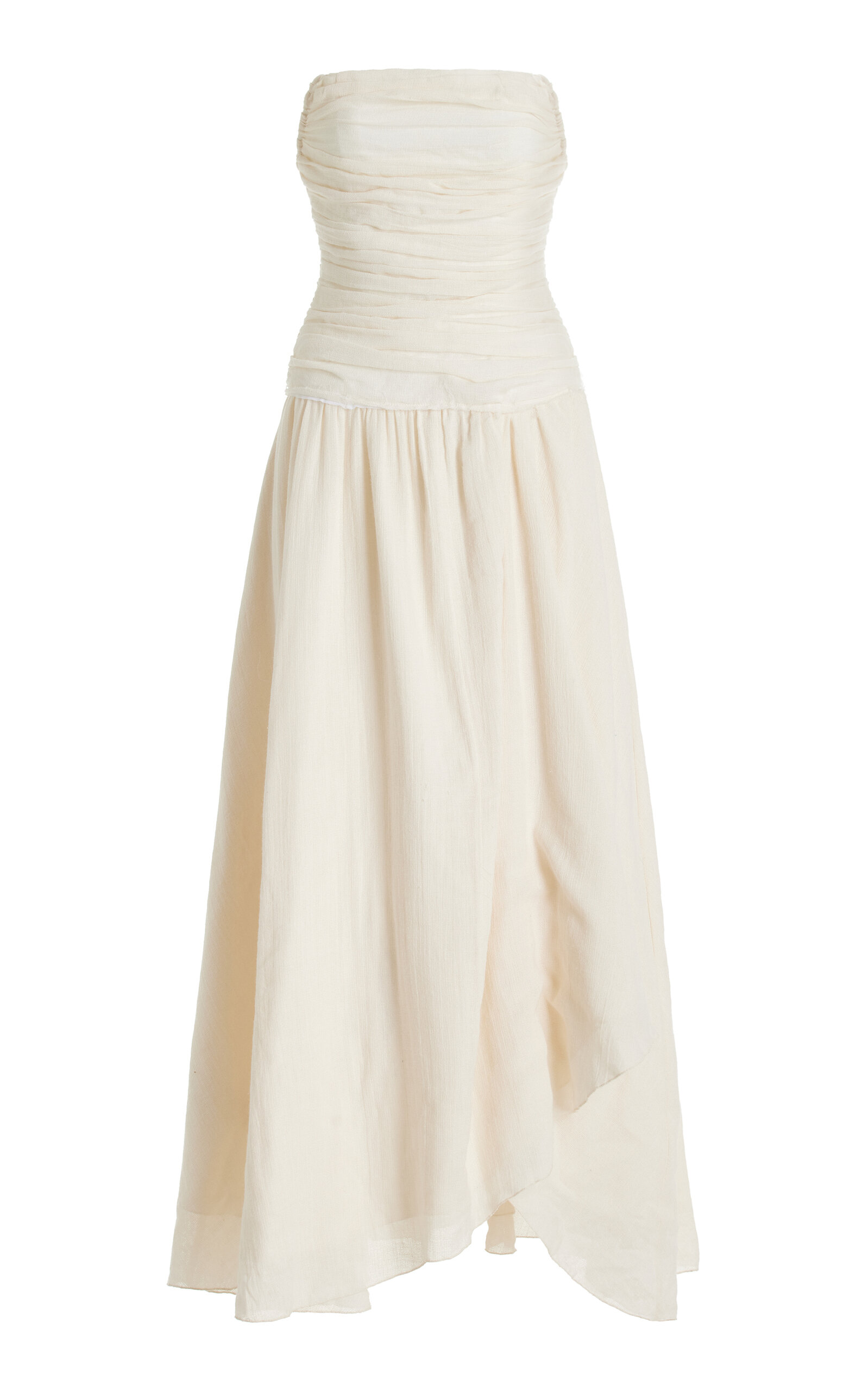 Staud Hightide Ruched Drop-waist Cotton-ramie Maxi Dress In White