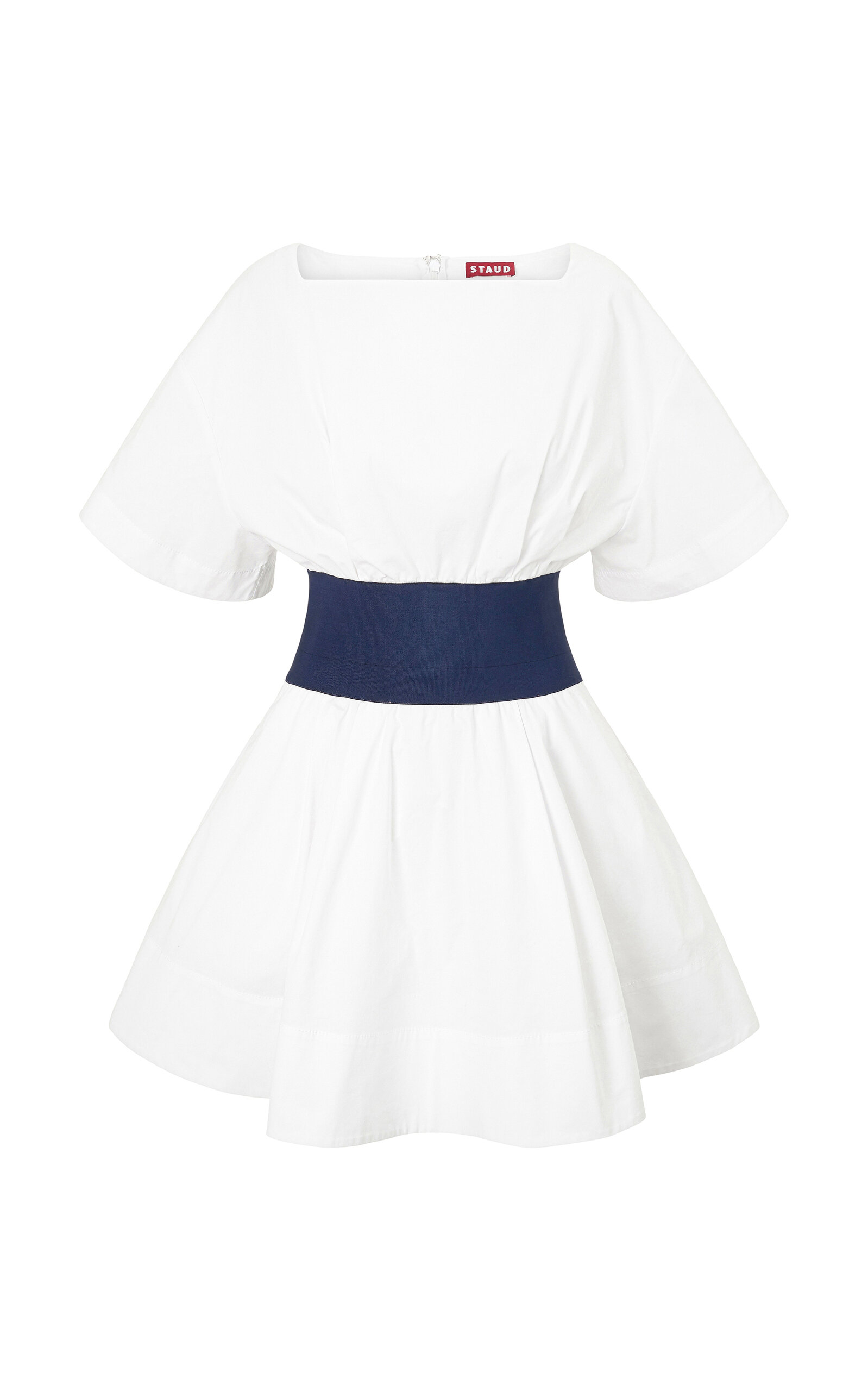 Staud Amy Denim-paneled Cotton Poplin Mini Dress In Navy