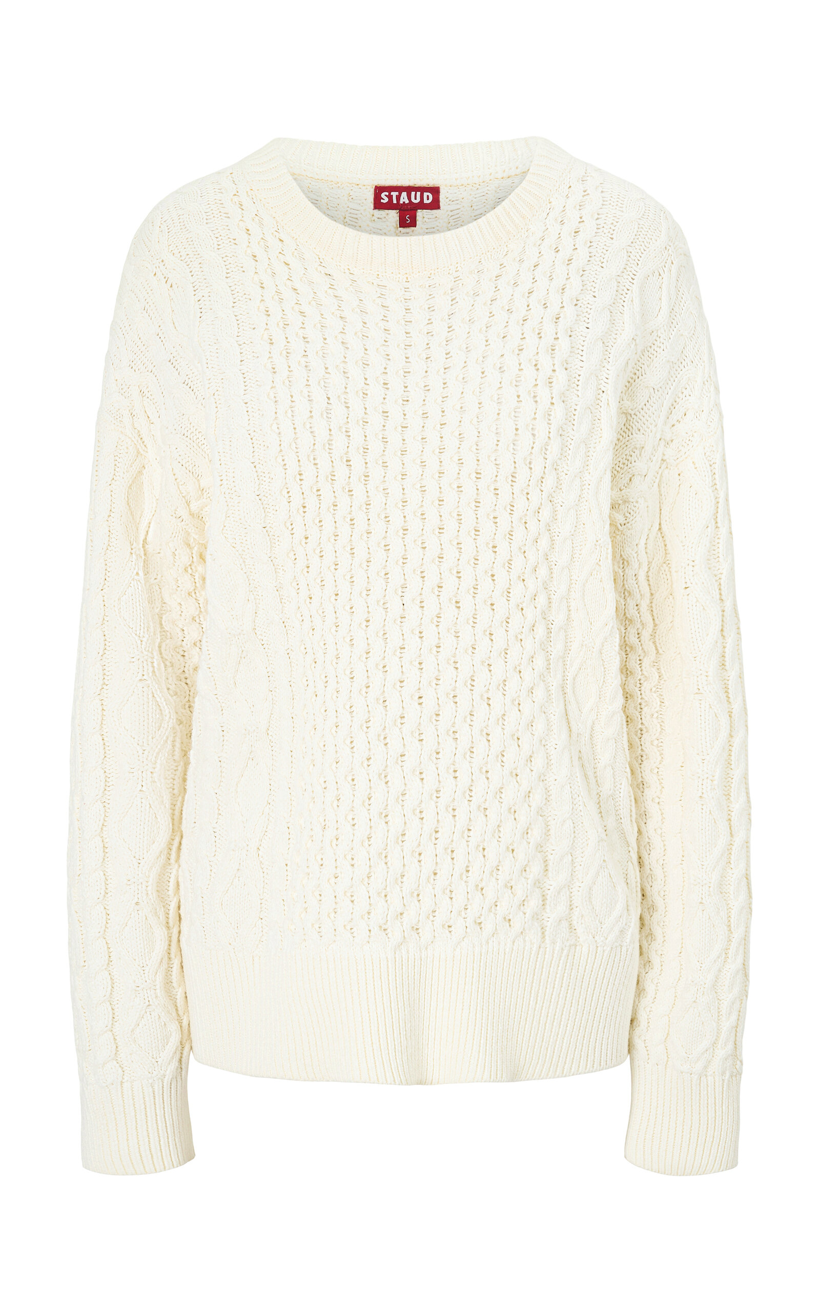 Shop Staud Tracy Cable-knit Cotton-blend Sweater In White