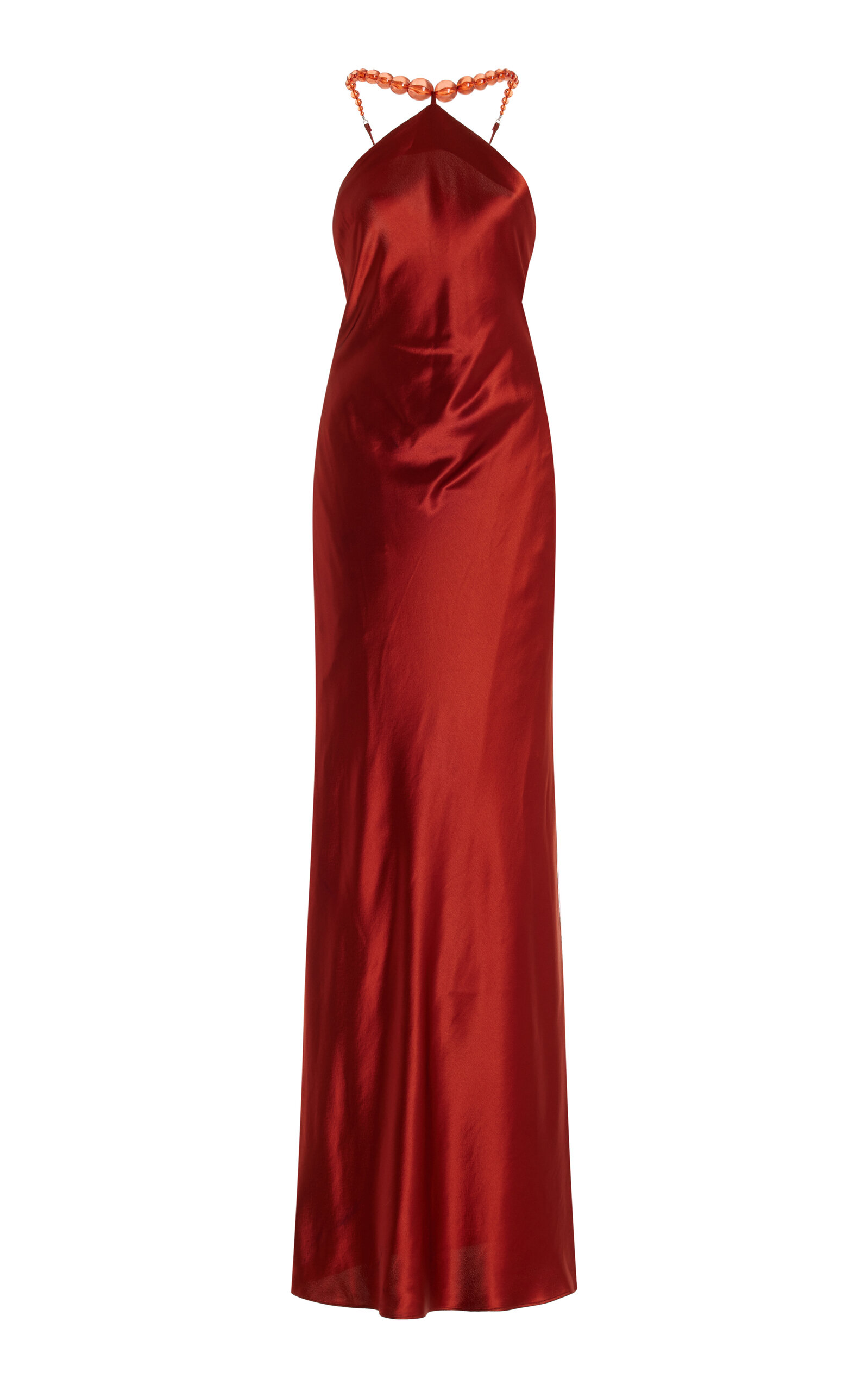Shop Staud Cadence Bead-detailed Satin Maxi Dress In Red