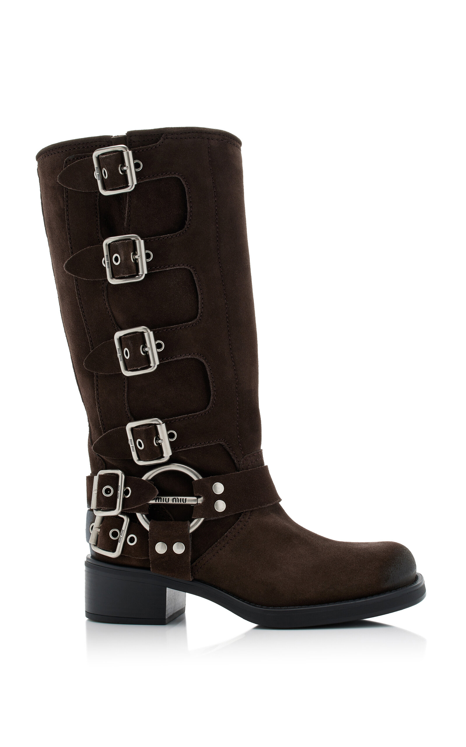 Shop Miu Miu Buckled Suede Knee Boots In Brown