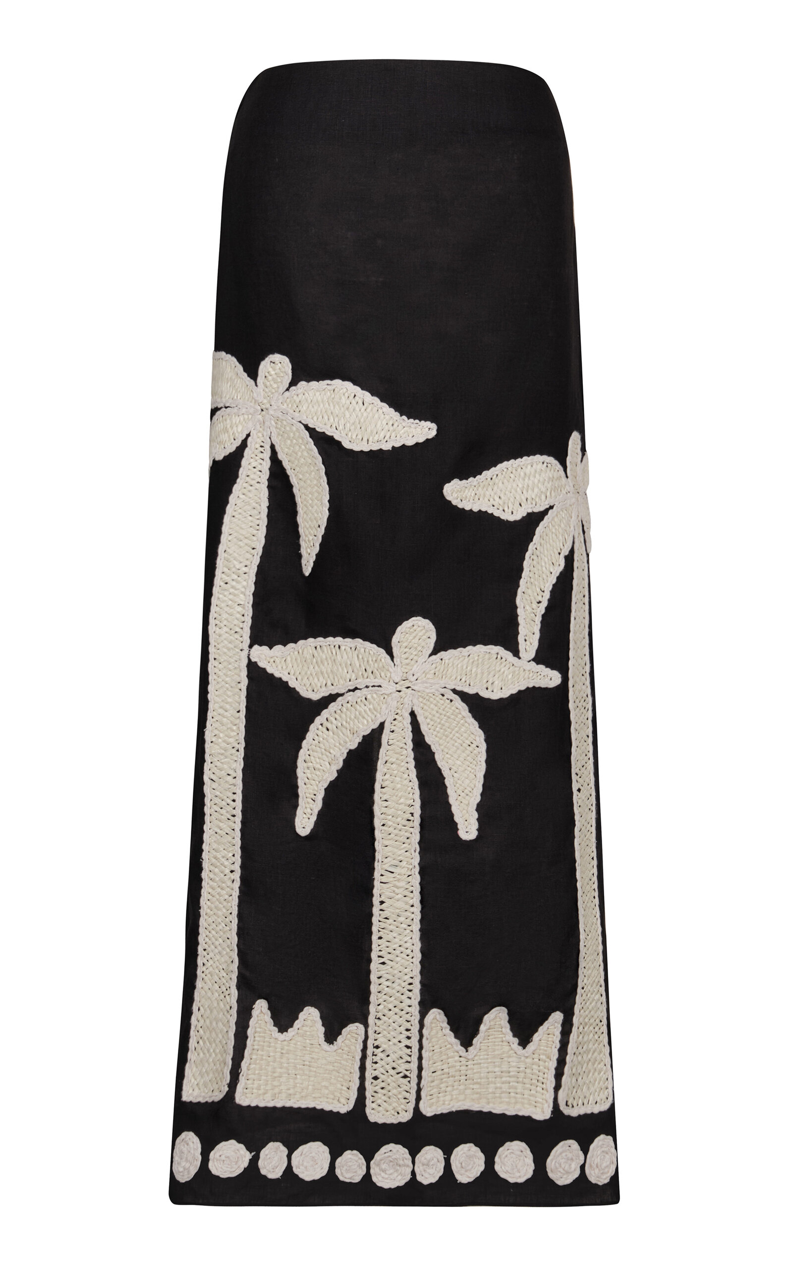 Johanna Ortiz Feliz Aguaro Embroidered Linen-blend Midi Skirt In Black