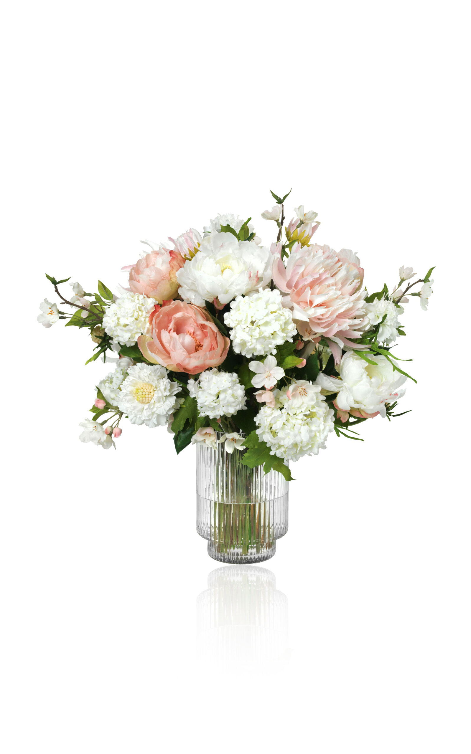 Shop Diane James Designs Peonies; Dahlias And Pear Blossom In Ribbed Vase In Light Pink