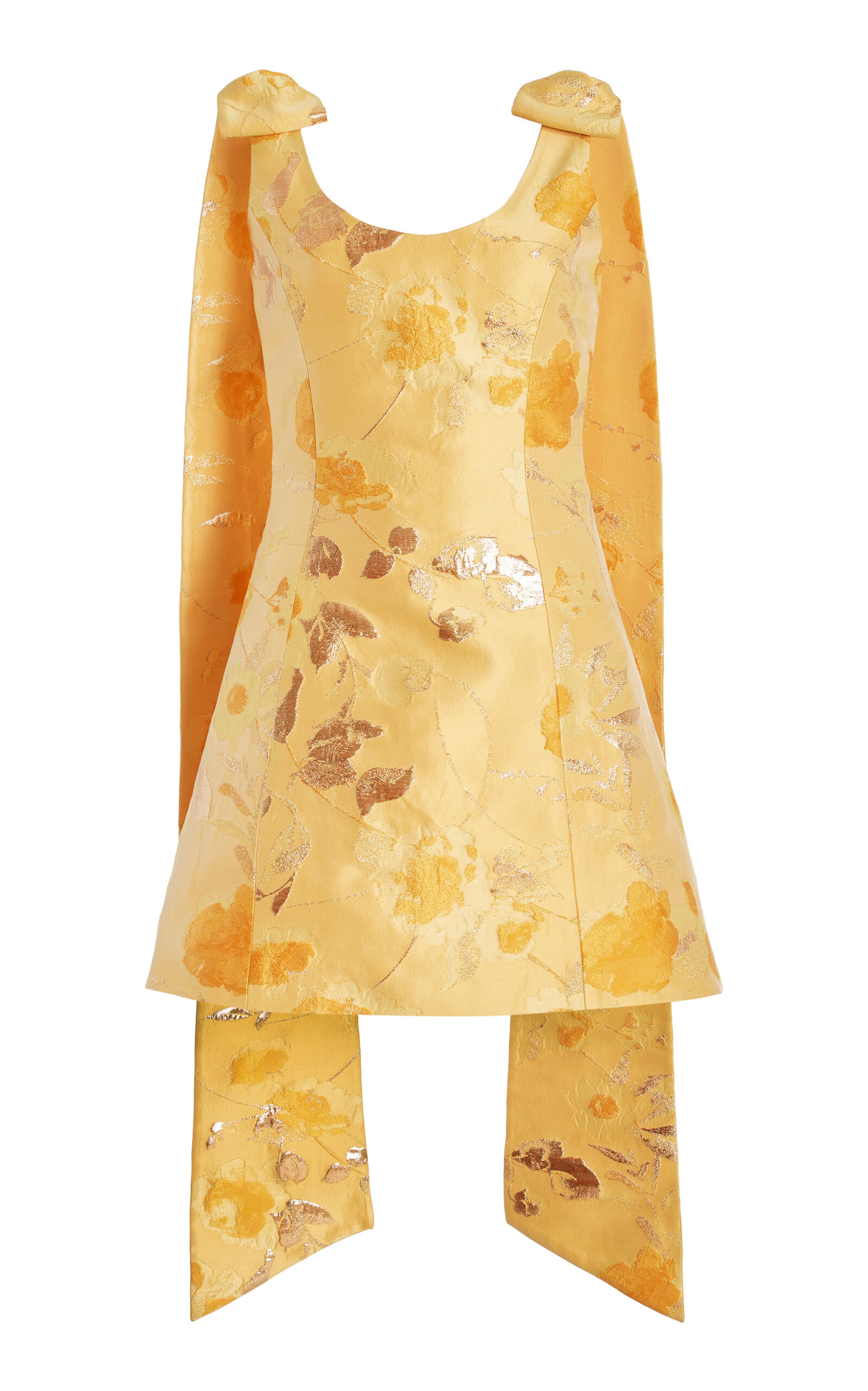 Markarian Gita Floral Brocade One-shoulder Train Mini Dress In Gold