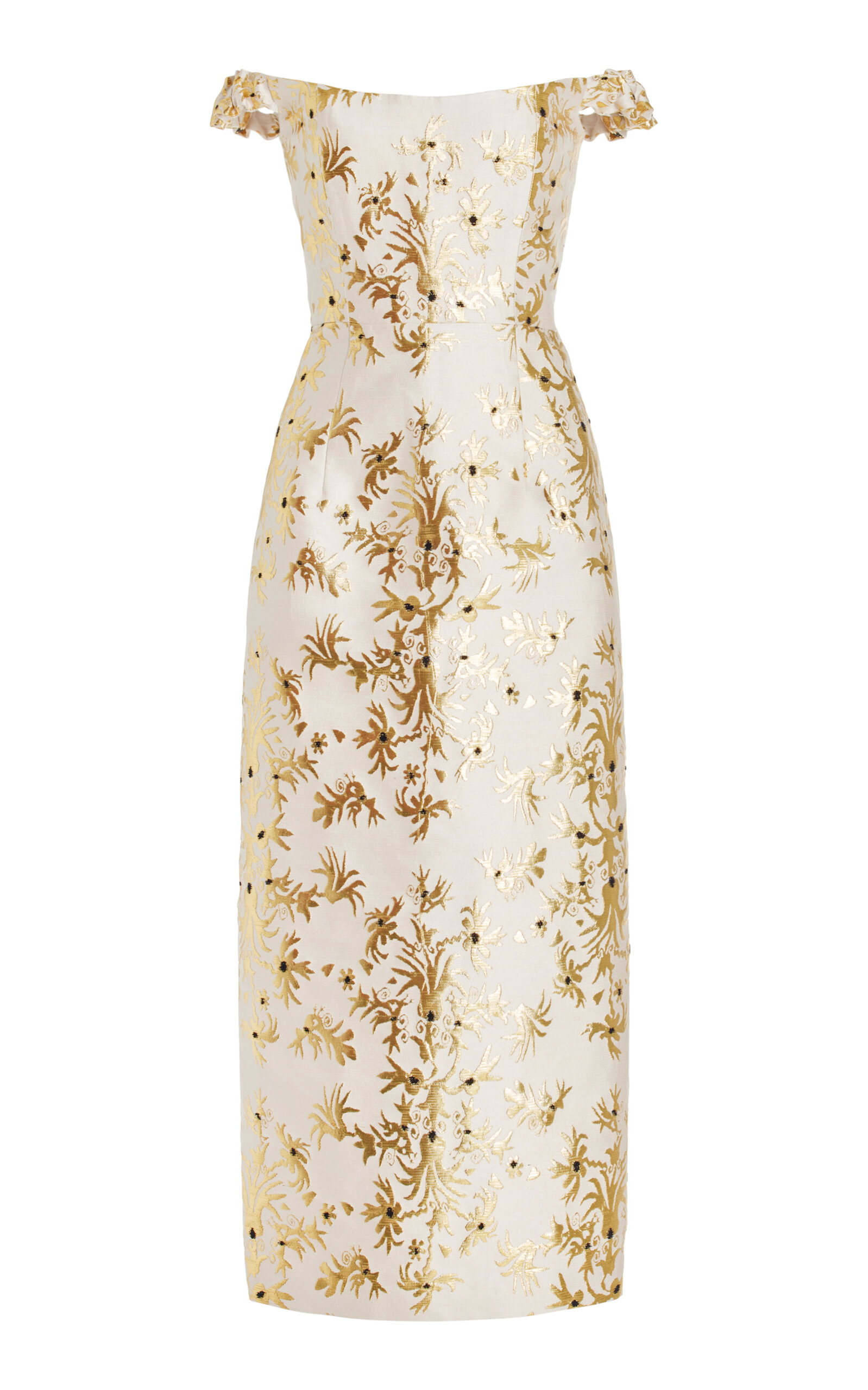 Amina Off-The-Shoulder Floral Silk Brocade Midi Dress