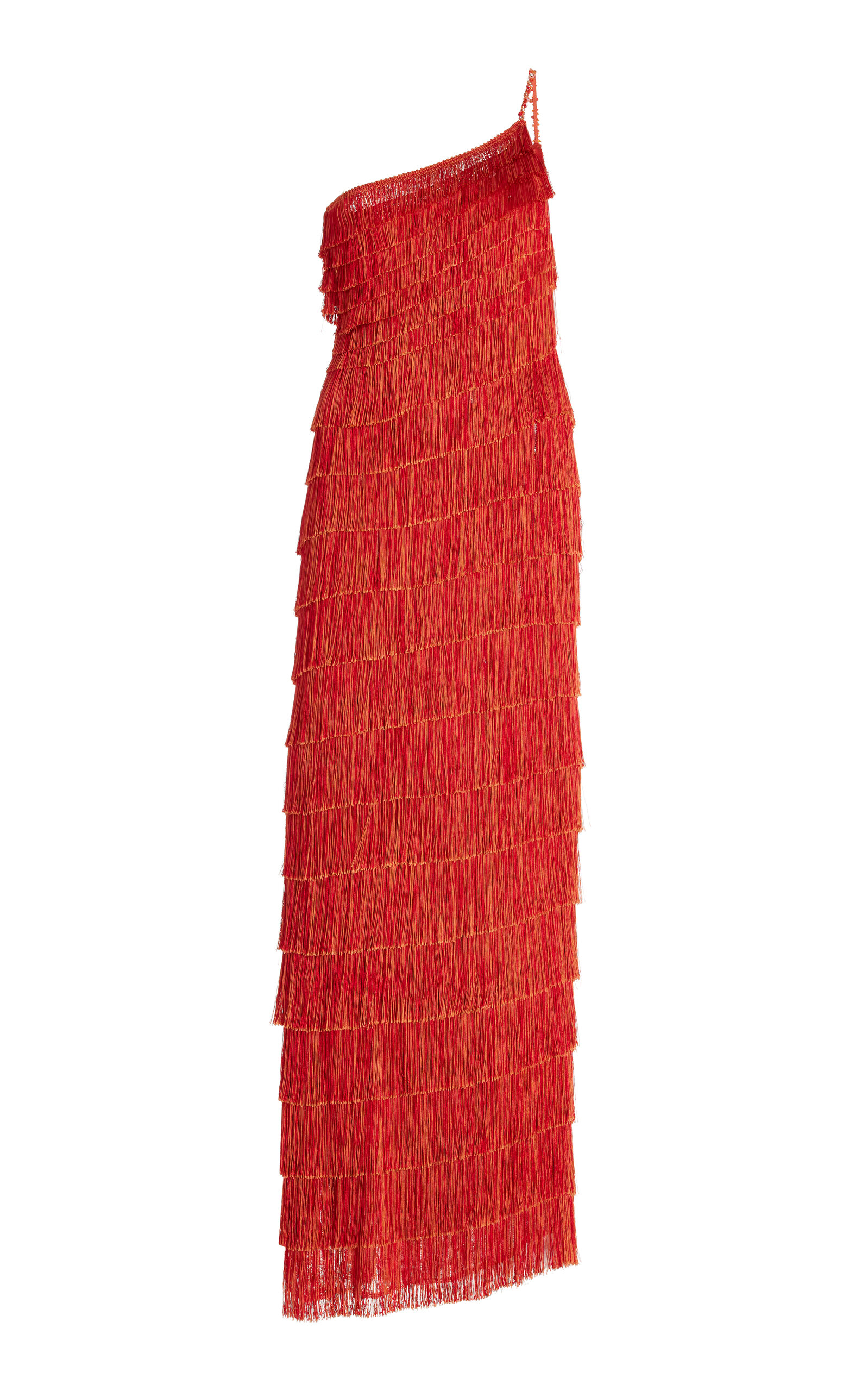 Shop Francesca Miranda Exclusive One-shoulder Fringed Silk-blend Maxi Dress In Red