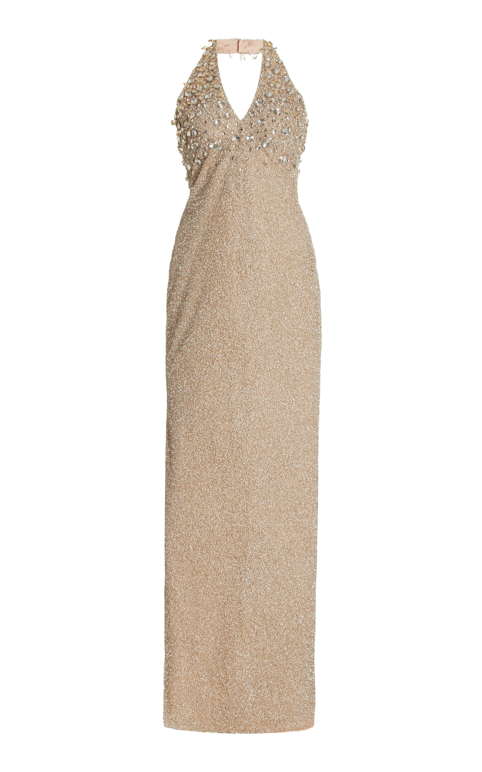 Pamella Roland Embellished Lurex Halter Gown In Gold