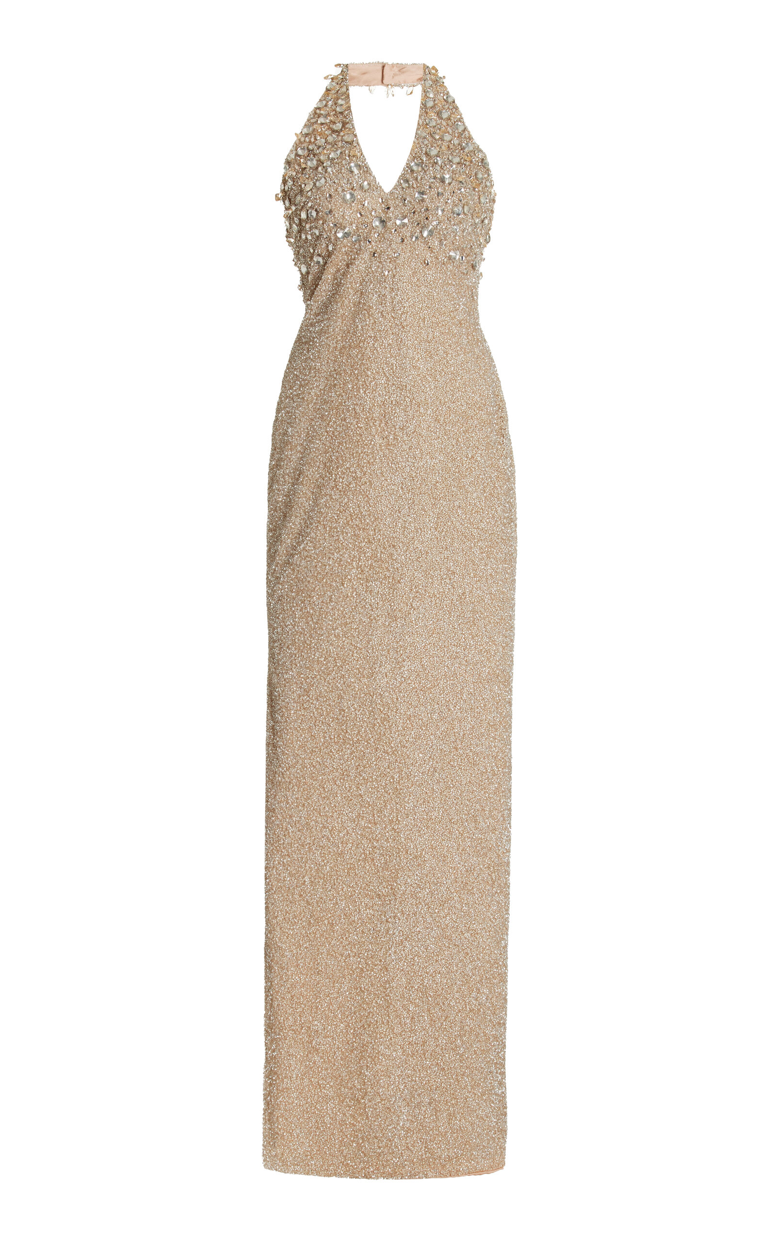 Crystal-Embellished Lurex Halter Gown