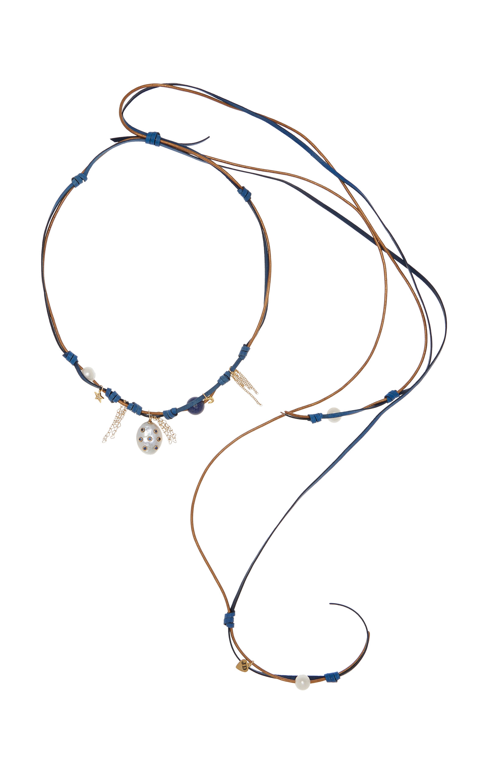 Sparkling Blue Sky Knotted Leather 18K Yellow Gold Pearl; Sapphire; and Lapis Necklace