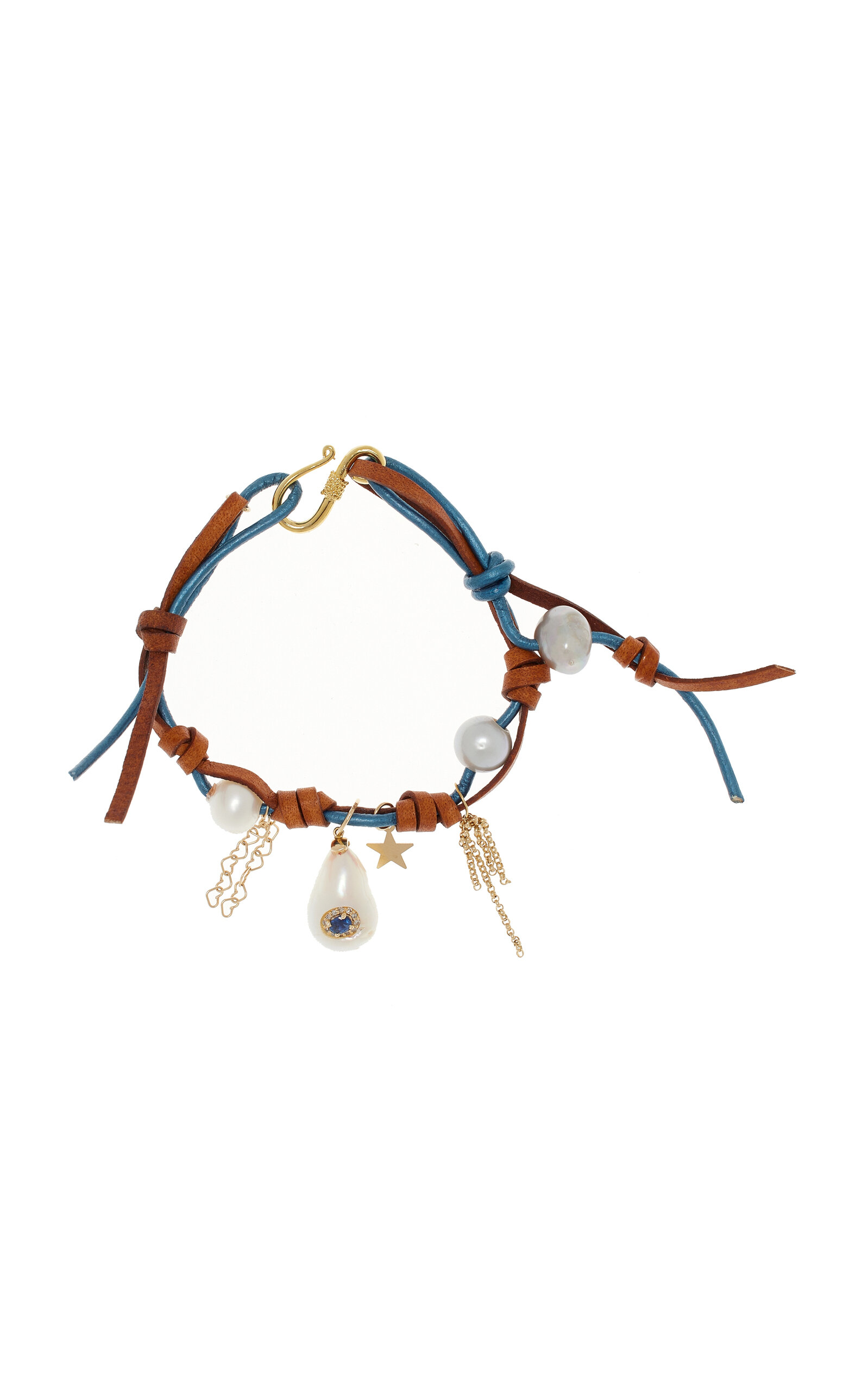 Shop Joie Digiovanni Knotted Leather 18k Yellow Gold Pearl Gem-burst Bracelet In Blue
