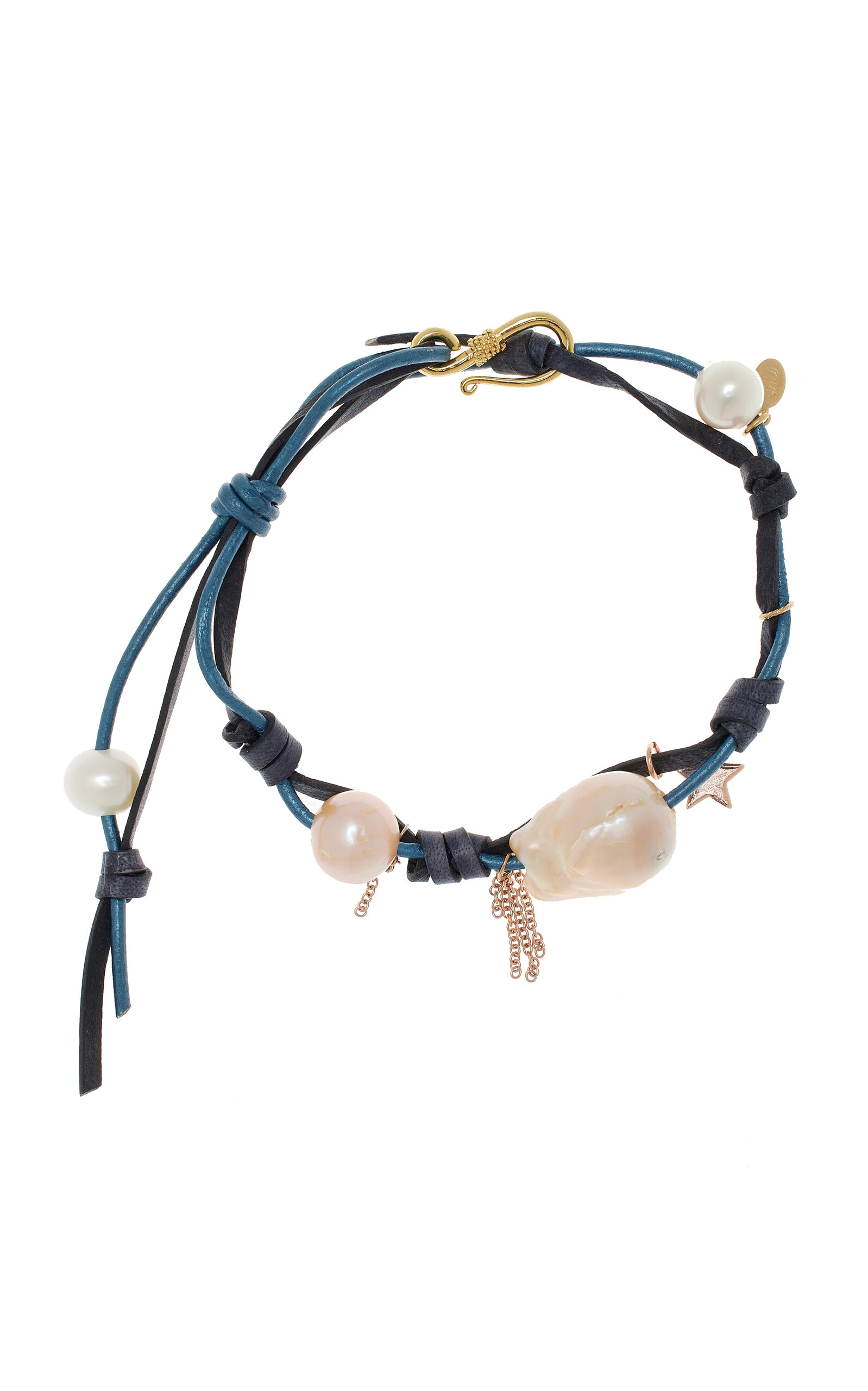 Shop Joie Digiovanni Starry Night Knotted Leather 18k Rose Gold Pearl Bracelet In Blue