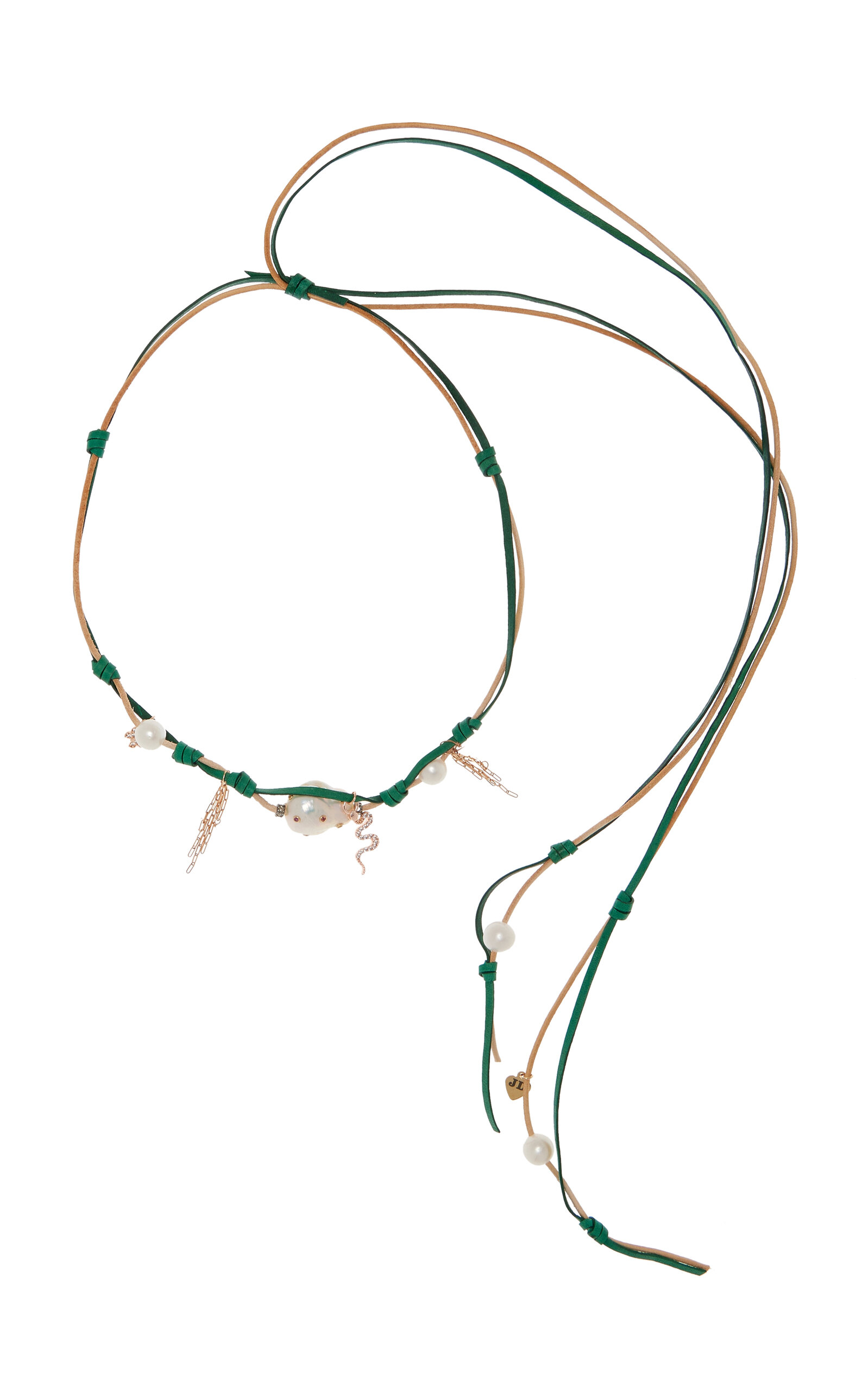 Green Goddess Knotted Leather 18K Rose Gold Pearl; Diamond Necklace