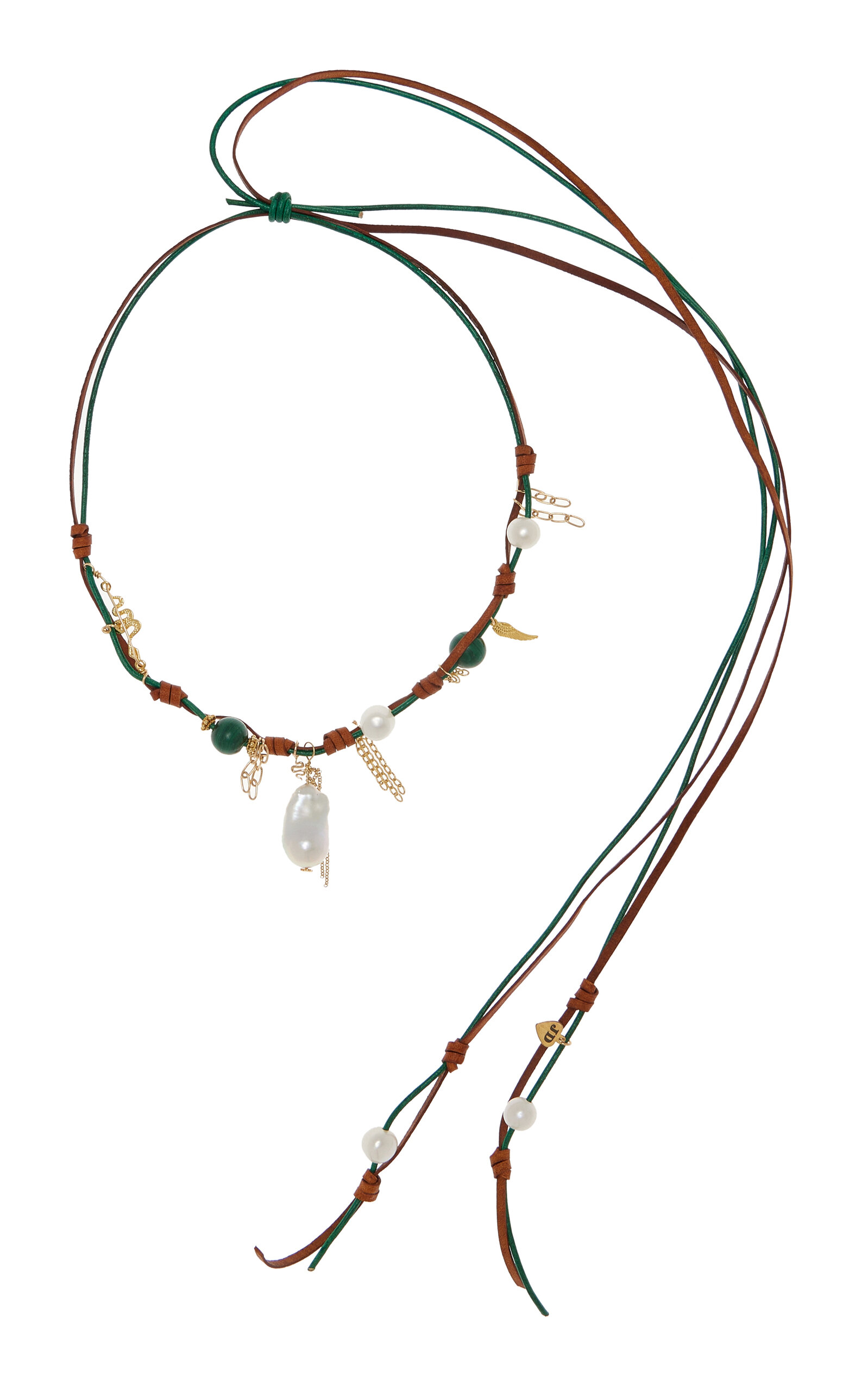 Shop Joie Digiovanni Knotted Leather 18k Yellow Gold Pearl; Malachite Necklace In Green