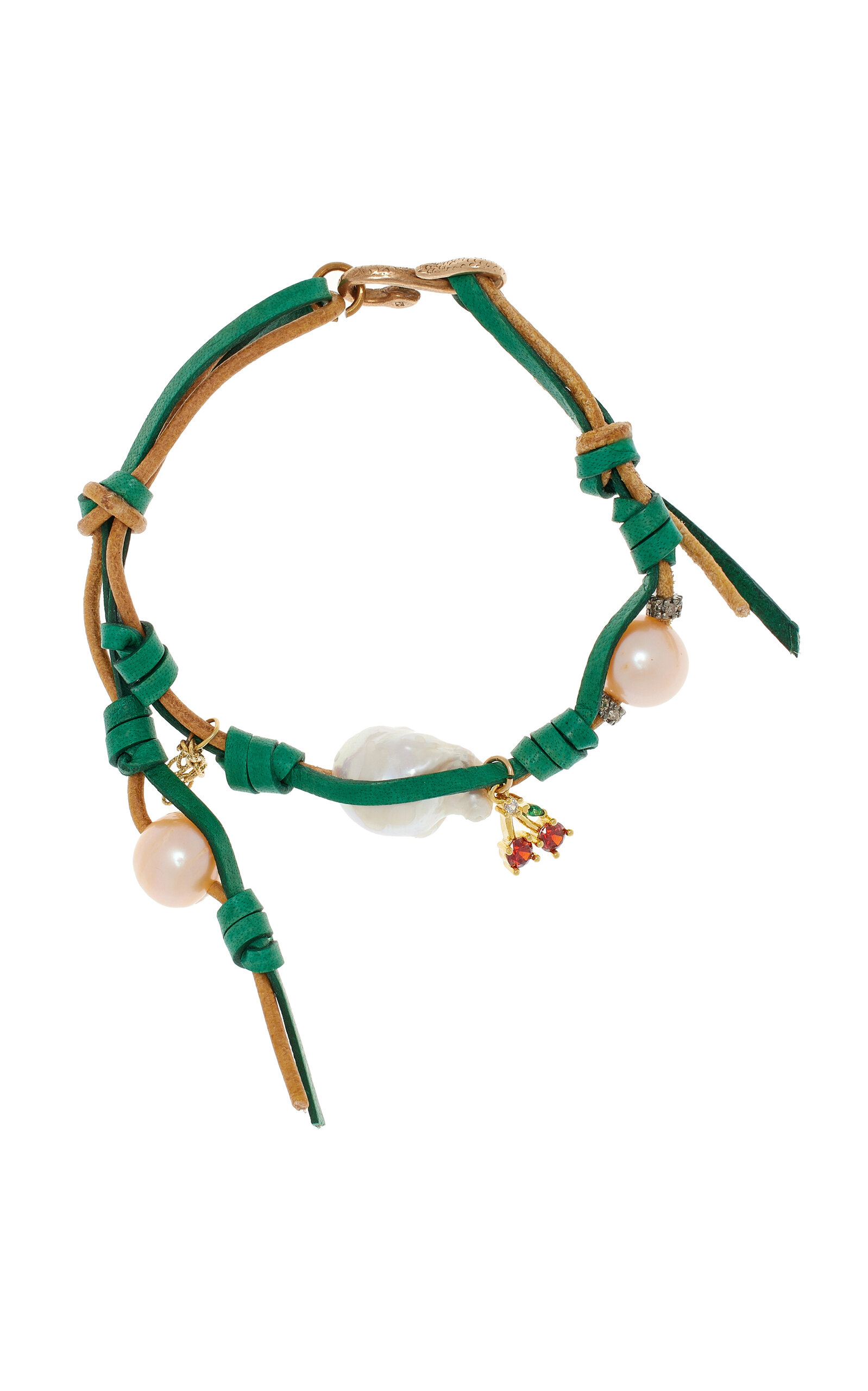 Shop Joie Digiovanni Cherry Tree Knotted Leather 18k Yellow Gold Pearl; Diamond Bracelet In Green