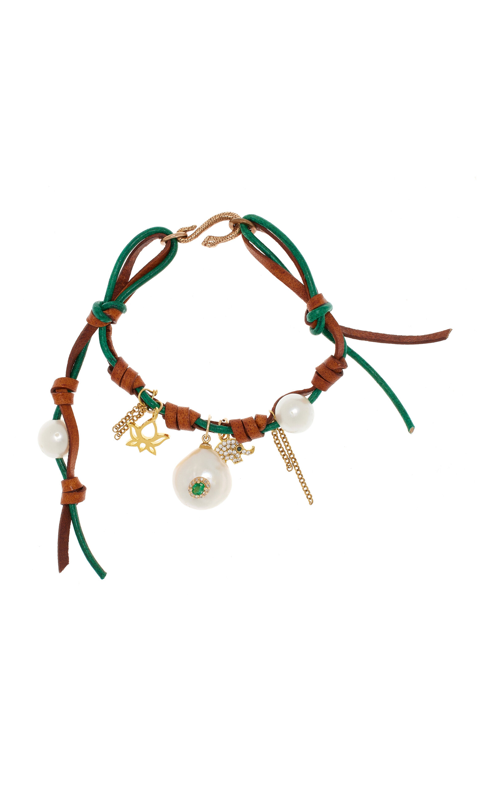 Shop Joie Digiovanni Knotted Leather 18k Yellow Gold Pearl Gem-burst Bracelet In Green