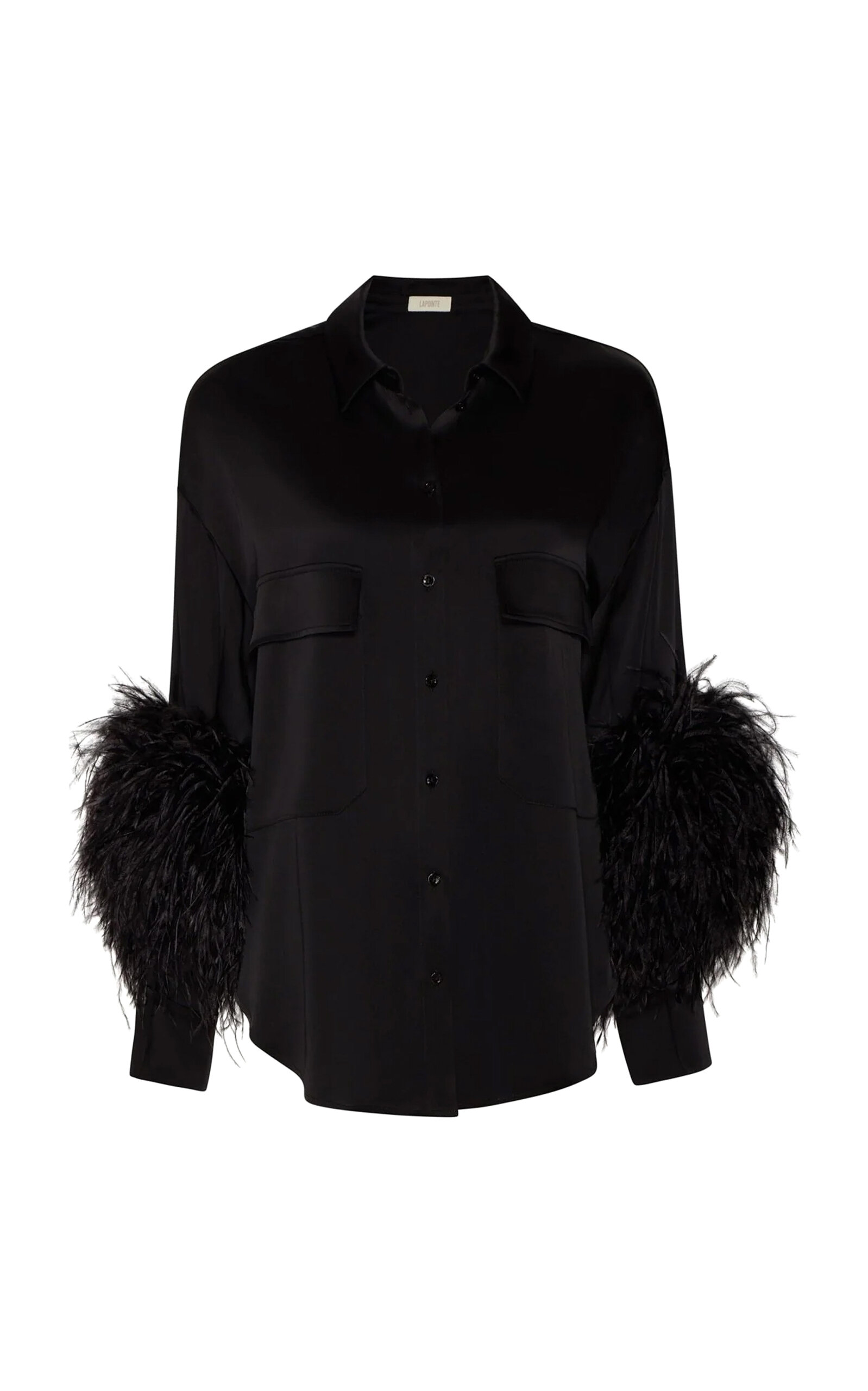 LAPOINTE Oversized Satin Button Down with Feathers - Black