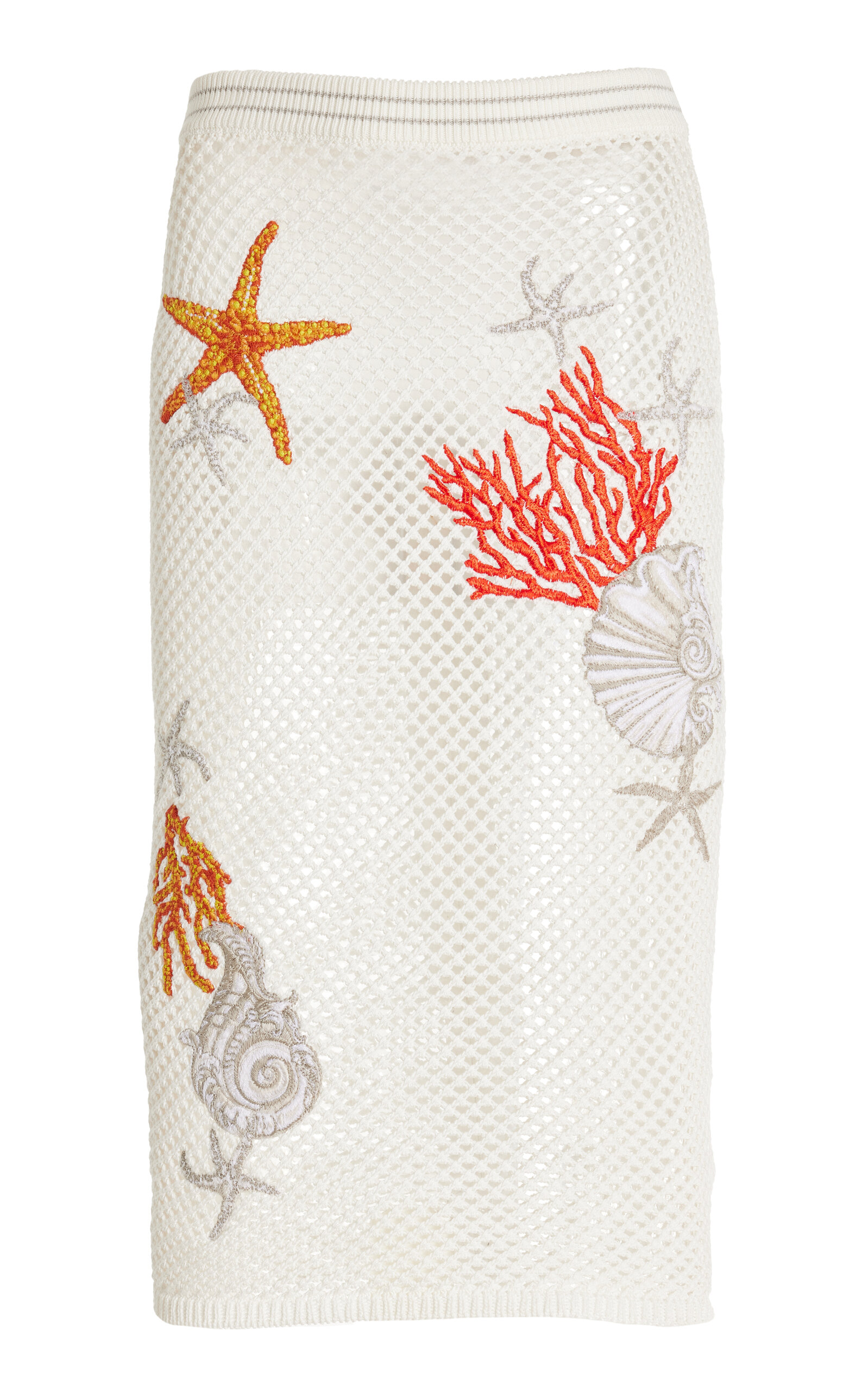 Versace Coral-embroidered Knit-cotton Midi Skirt In White
