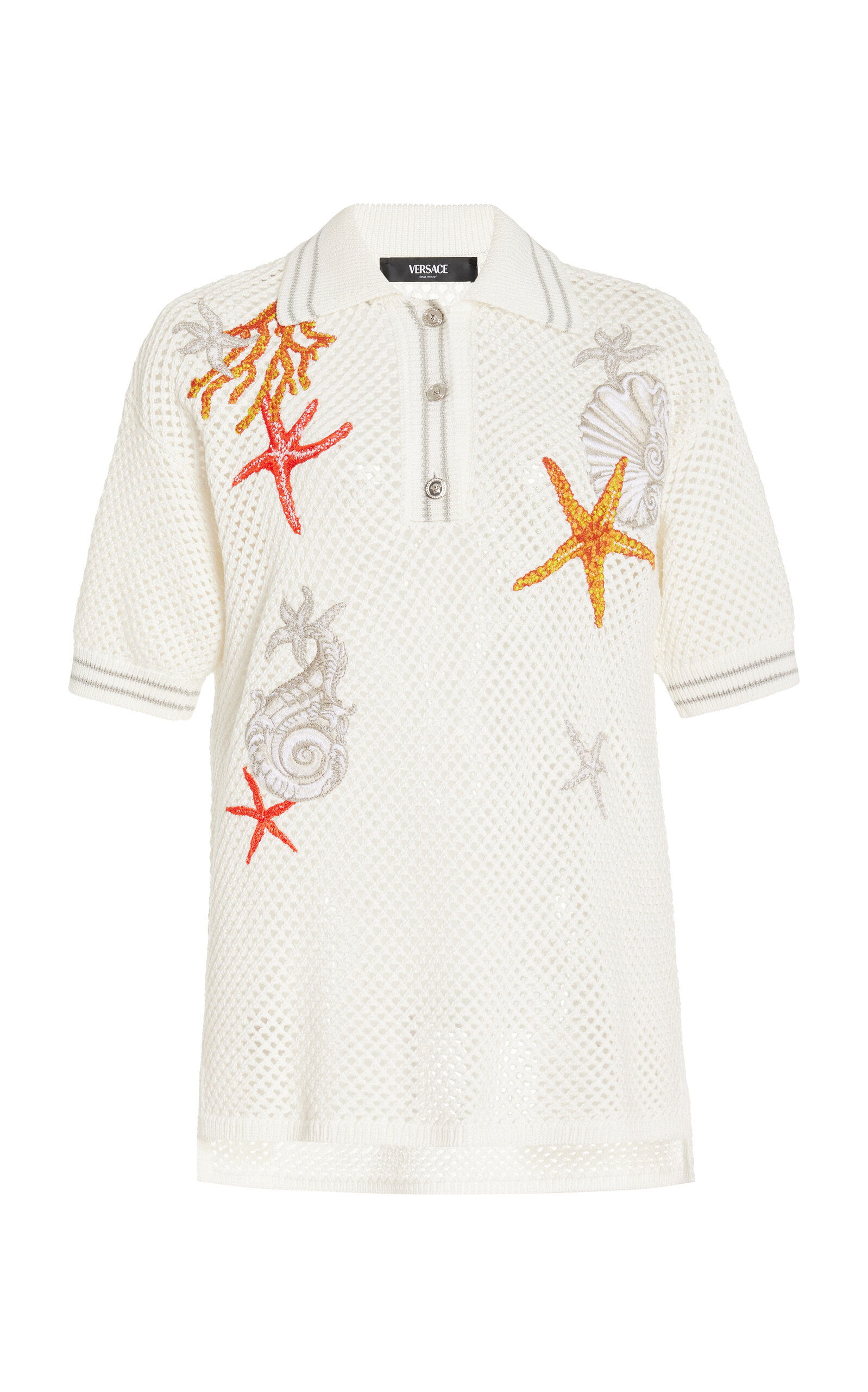 Shop Versace Coral-embroidered Knit-cotton Polo Top In White