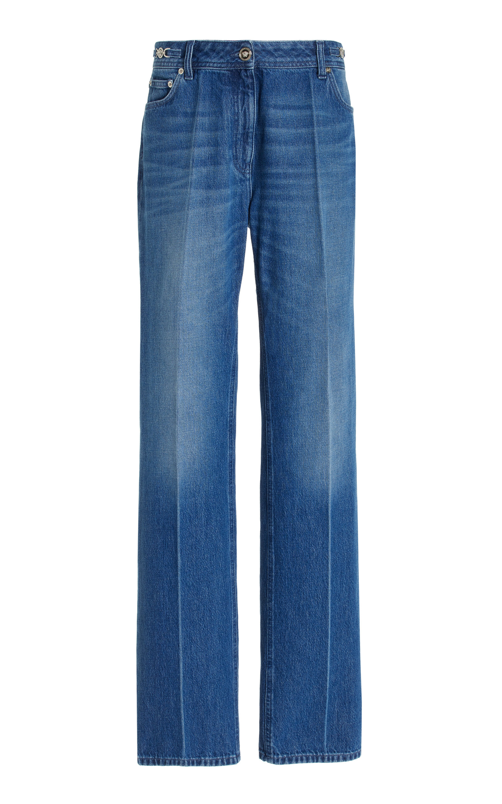 Shop Versace Medusa Rigid High-rise Straight-leg Jeans In Dark Wash