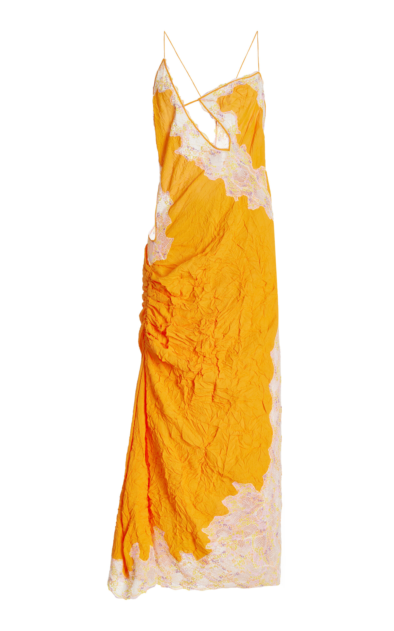 Christopher Esber Crimped Lace-detailed Midi Dress In Orange