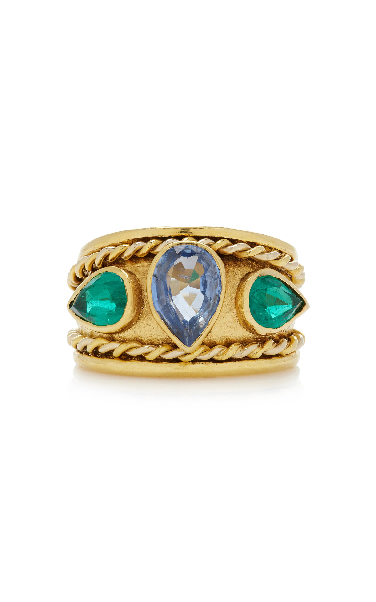 Shop Renato Cipullo Coronamento 18k Yellow Gold Sapphire; Emerald Ring In Blue