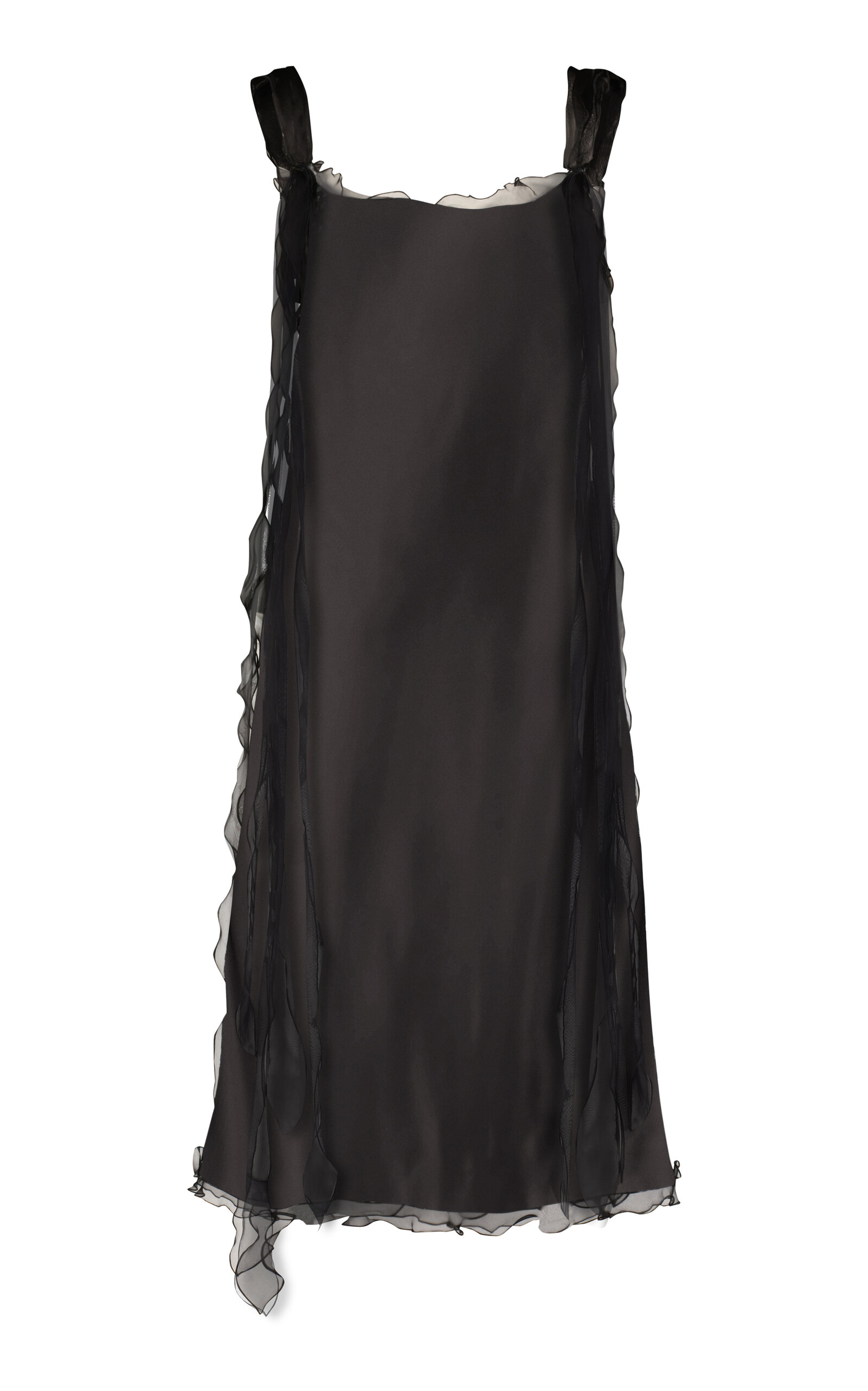 Shop Marina Moscone Ruffled-trim Satin Midi Dress In Black