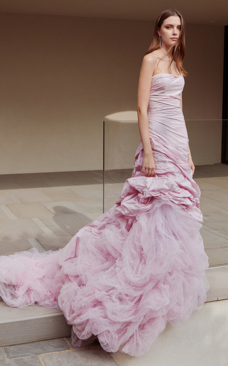 Marmar Halim Tulle-trimmed Ruched Silk-blend Taffeta Gown In Pink