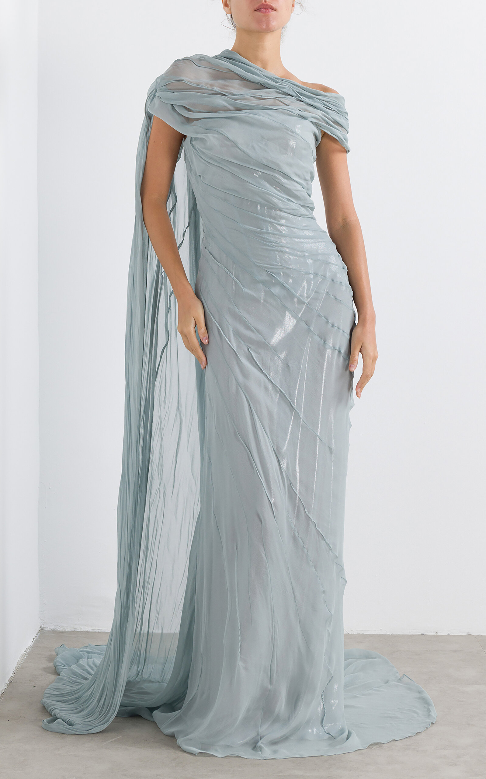 Marmar Halim Chiffon Off-Shoulder Cape Gown - Grey