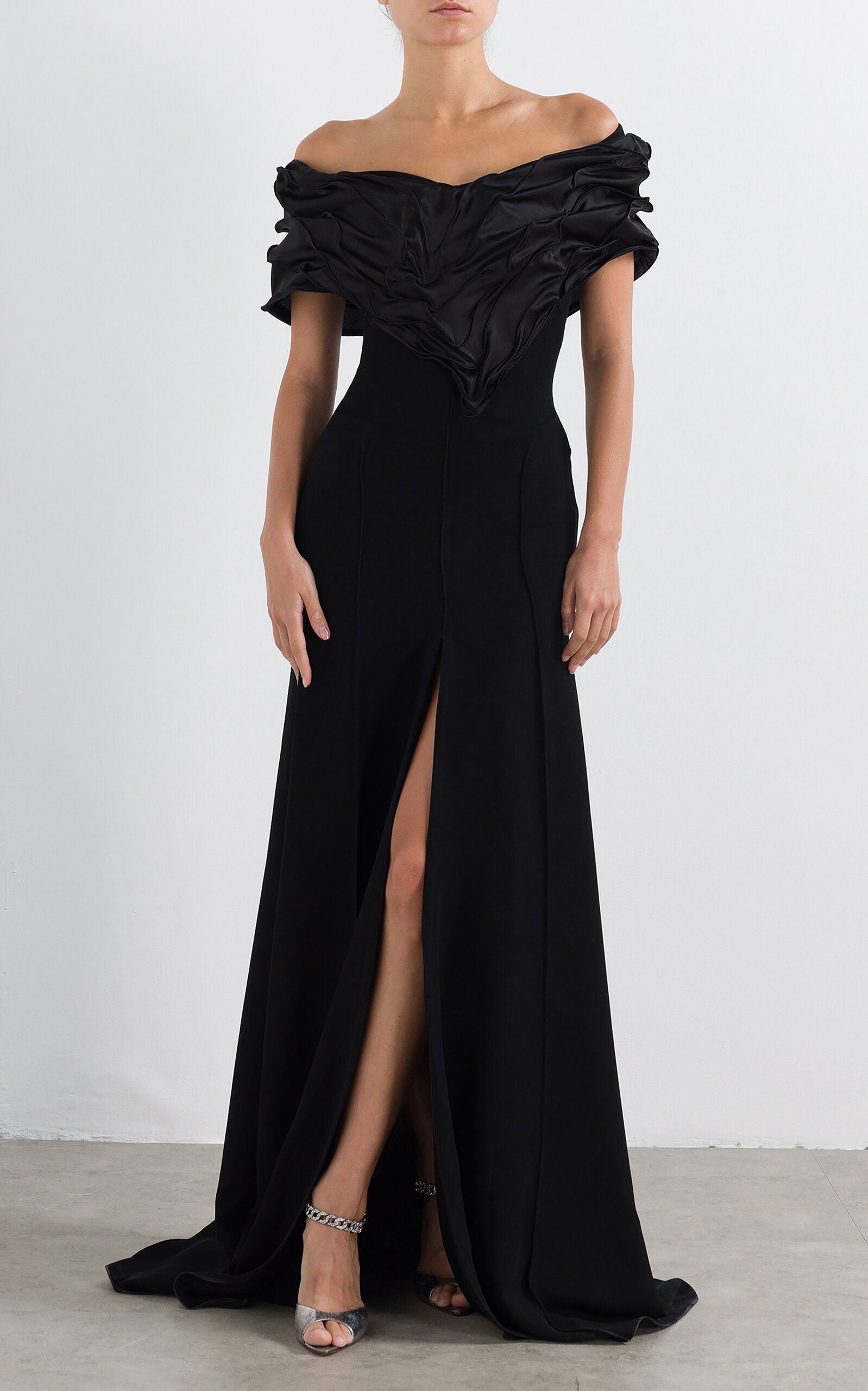 Satin Crepe Off-Shoulder Wire Gown