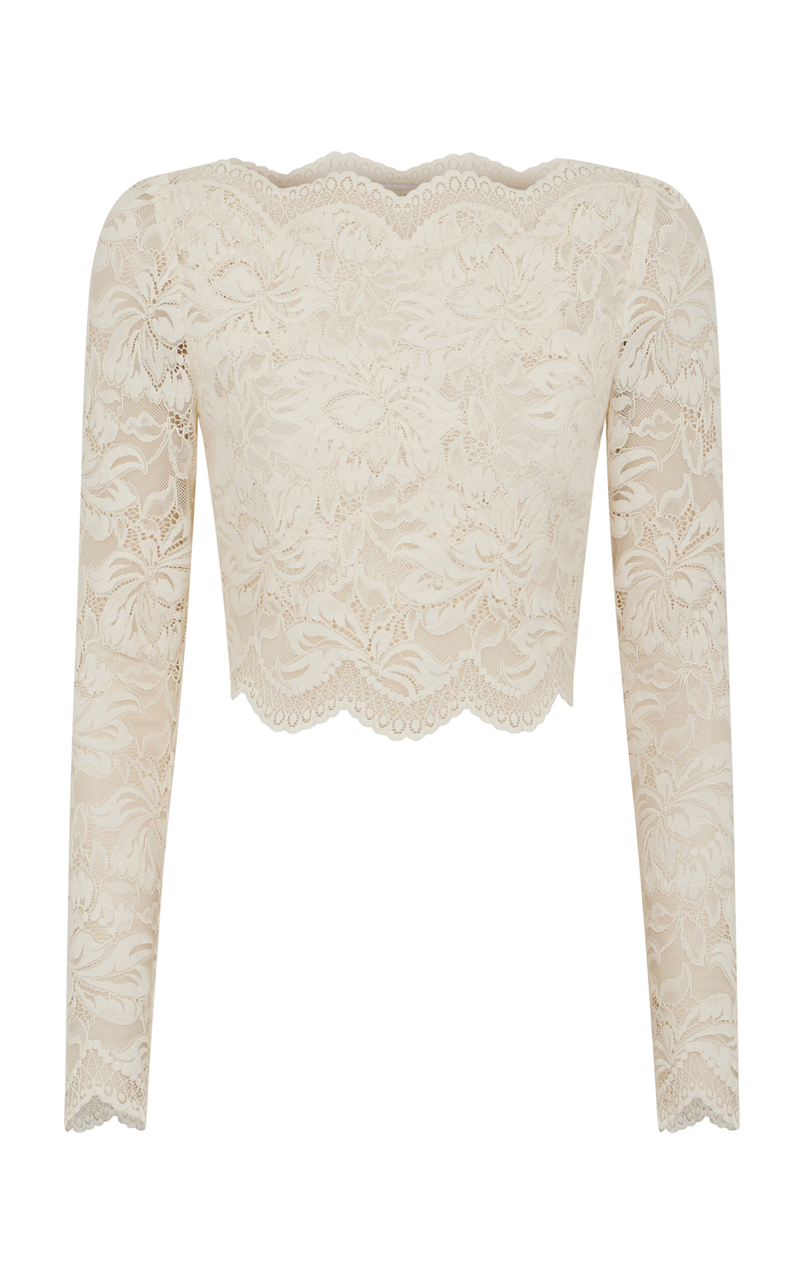 Rabanne Crewneck Lace Long Sleeve Crop Top In Ivory