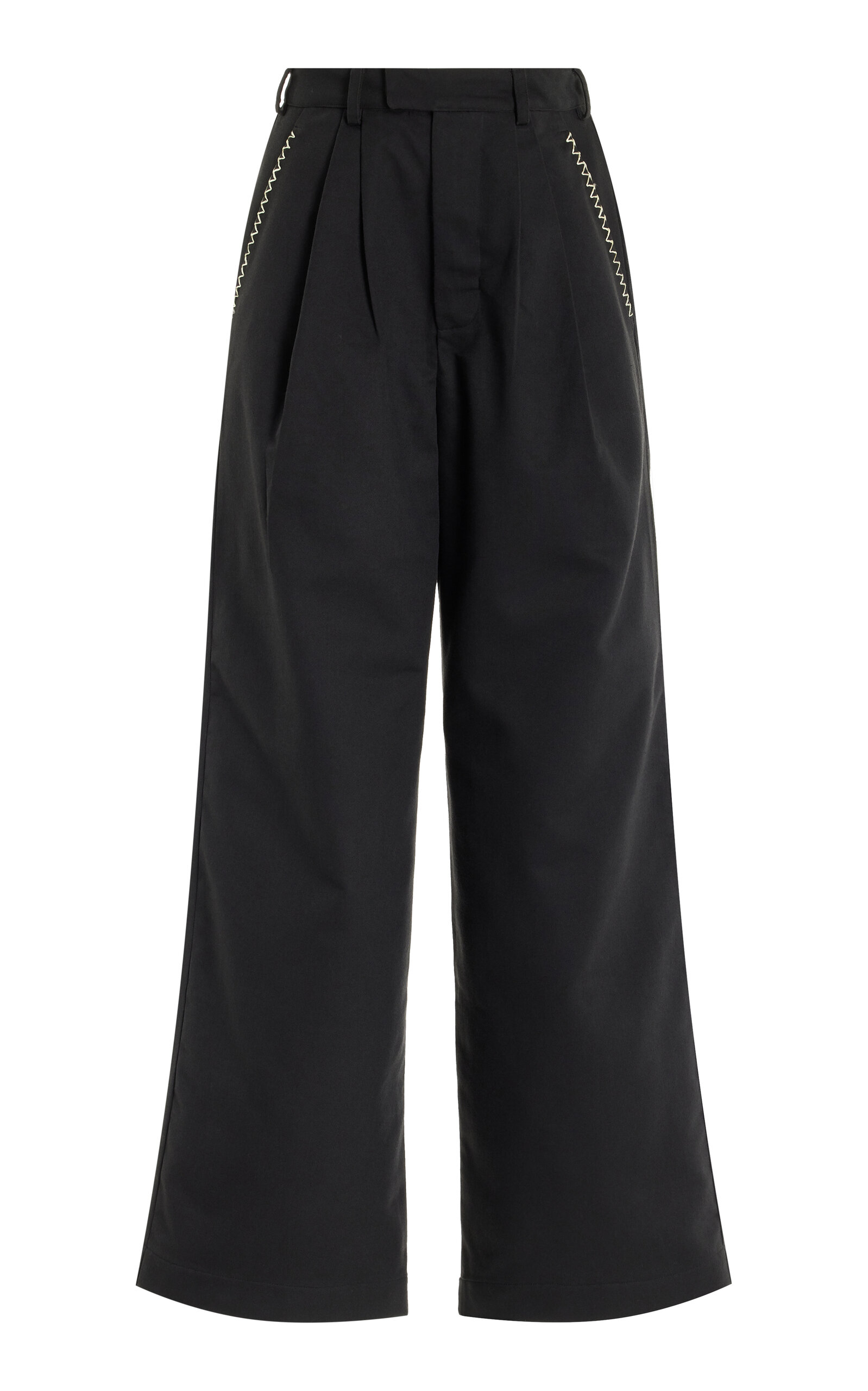 Nia Thomas Lorenzo Pleated Embroidered-Cotton Wide-Leg Trousers - Black