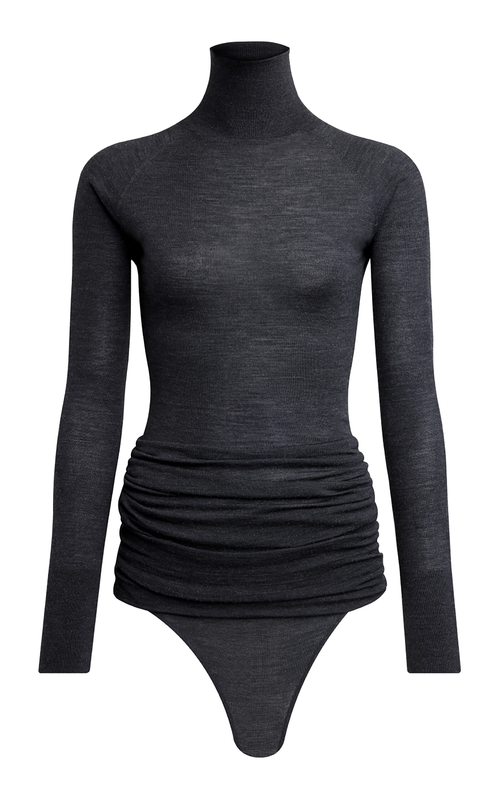 ALAÏA Ruched Knit Merino Wool Bodysuit - Dark Grey - Women's Clothing