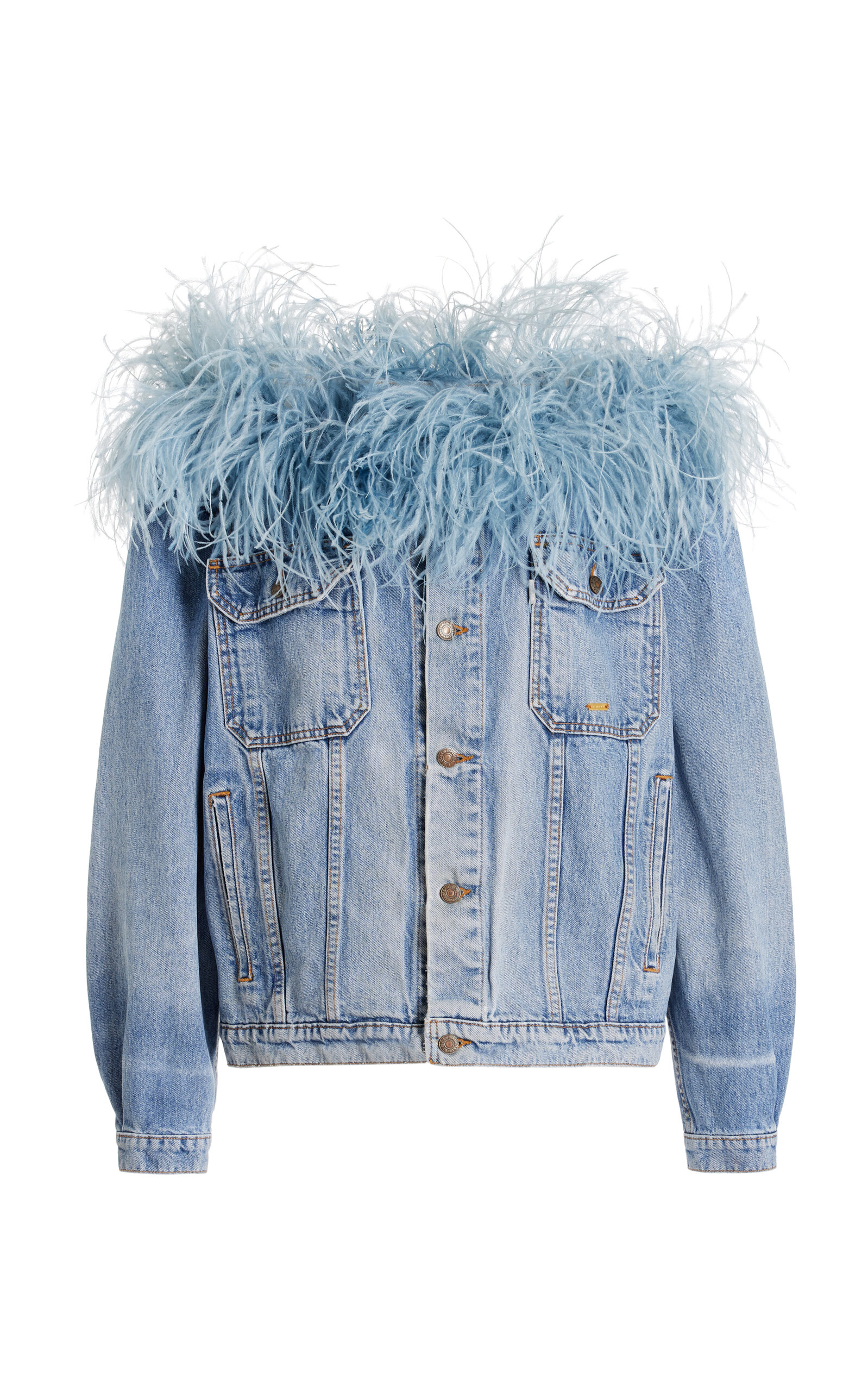 Francoise Exclusive Billie Feather-trimmed Upcycled Denim Mini Dress In Light Blue