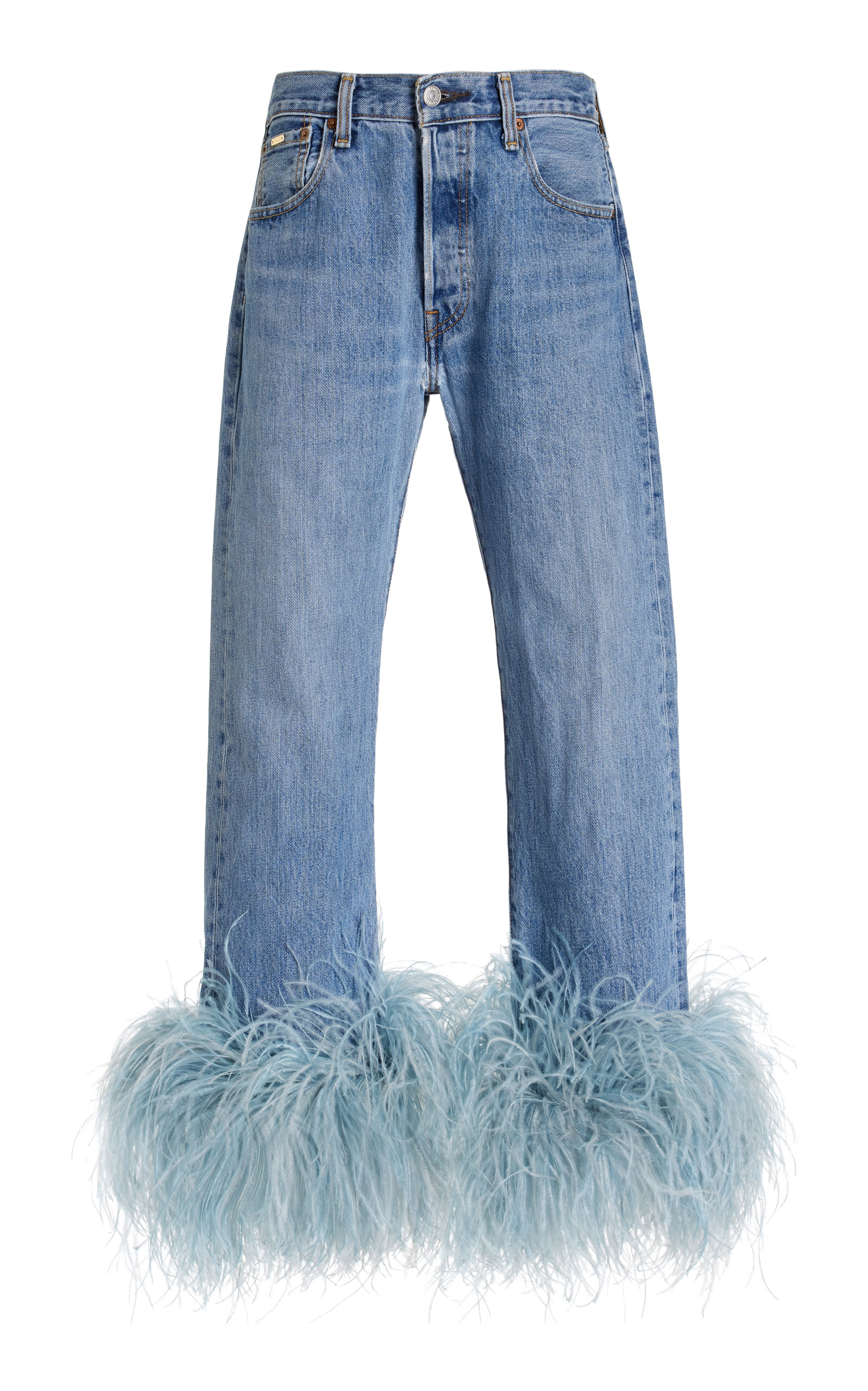 Francoise Exclusive Lou Feather-trimmed Upcycled Denim Jeans In Light Blue