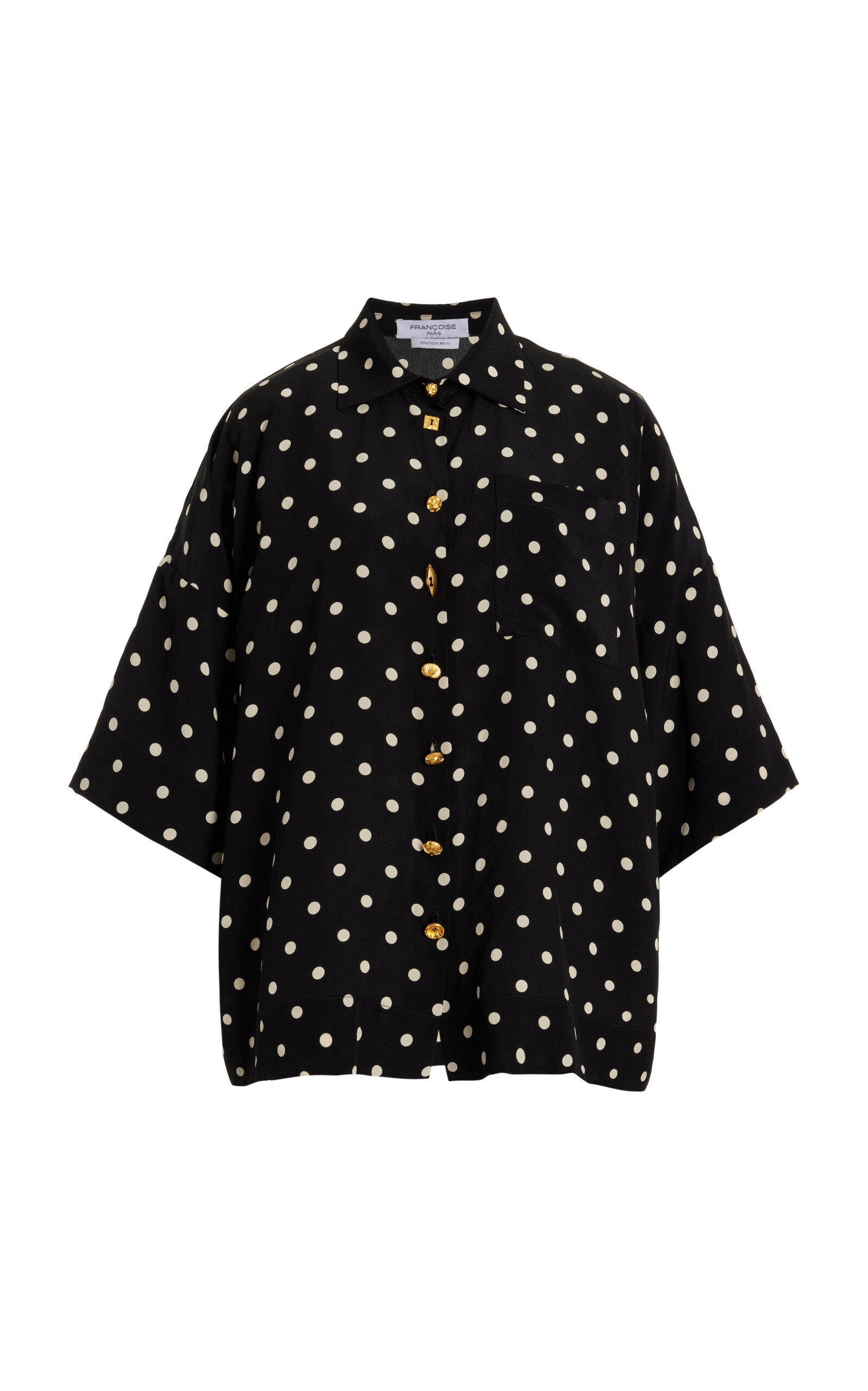 Francoise Exclusive Zaoua Polka-dot Deadstock Silk Crepe Button-up Shirt In Black,white