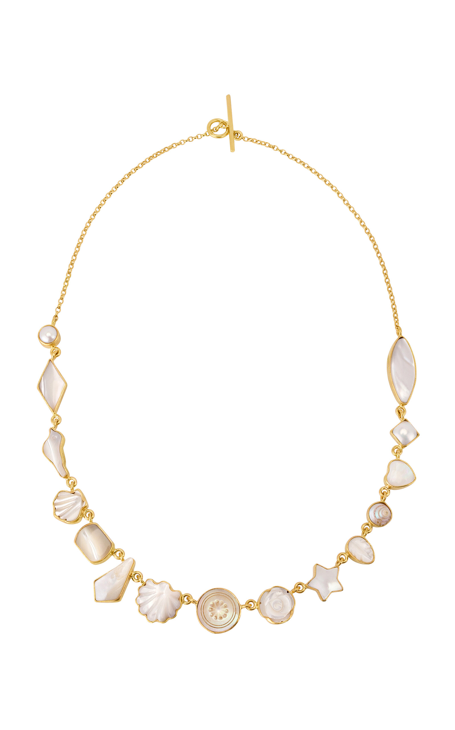 GRAINNE MORTON 18K FAIRMINED YELLOW GOLD PLATE PEARL AND SHELL NECKLACE