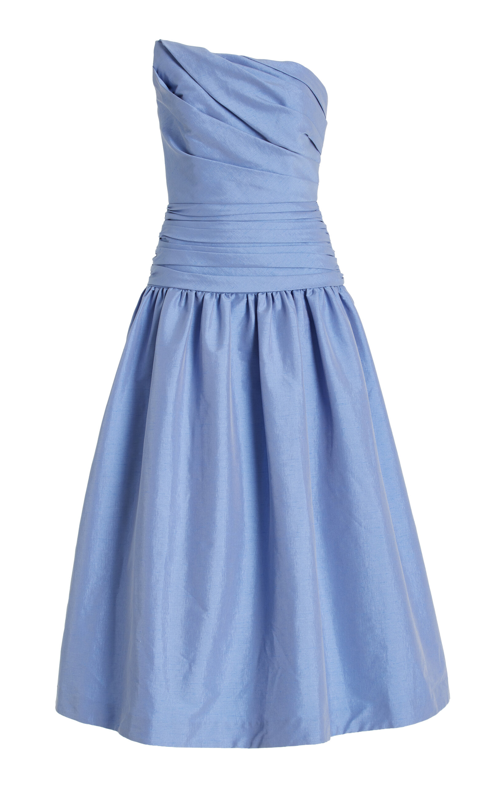 Shop Rachel Gilbert Banks Ruched Taffeta Drop-waist Midi Dress In Blue