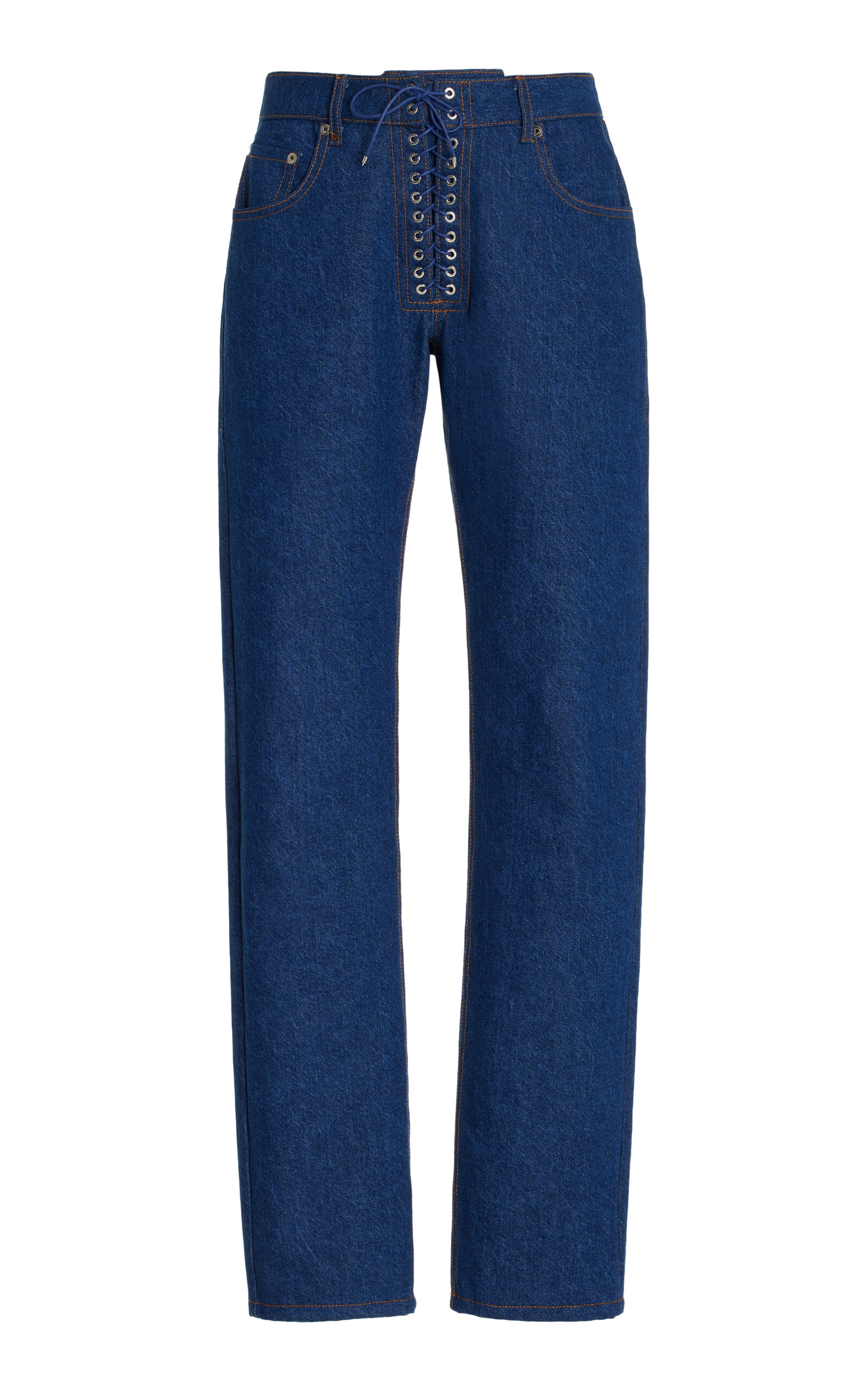 Ludovic De Saint Sernin Lace-up Rigid Mid-rise Straight-leg Jeans In Blue