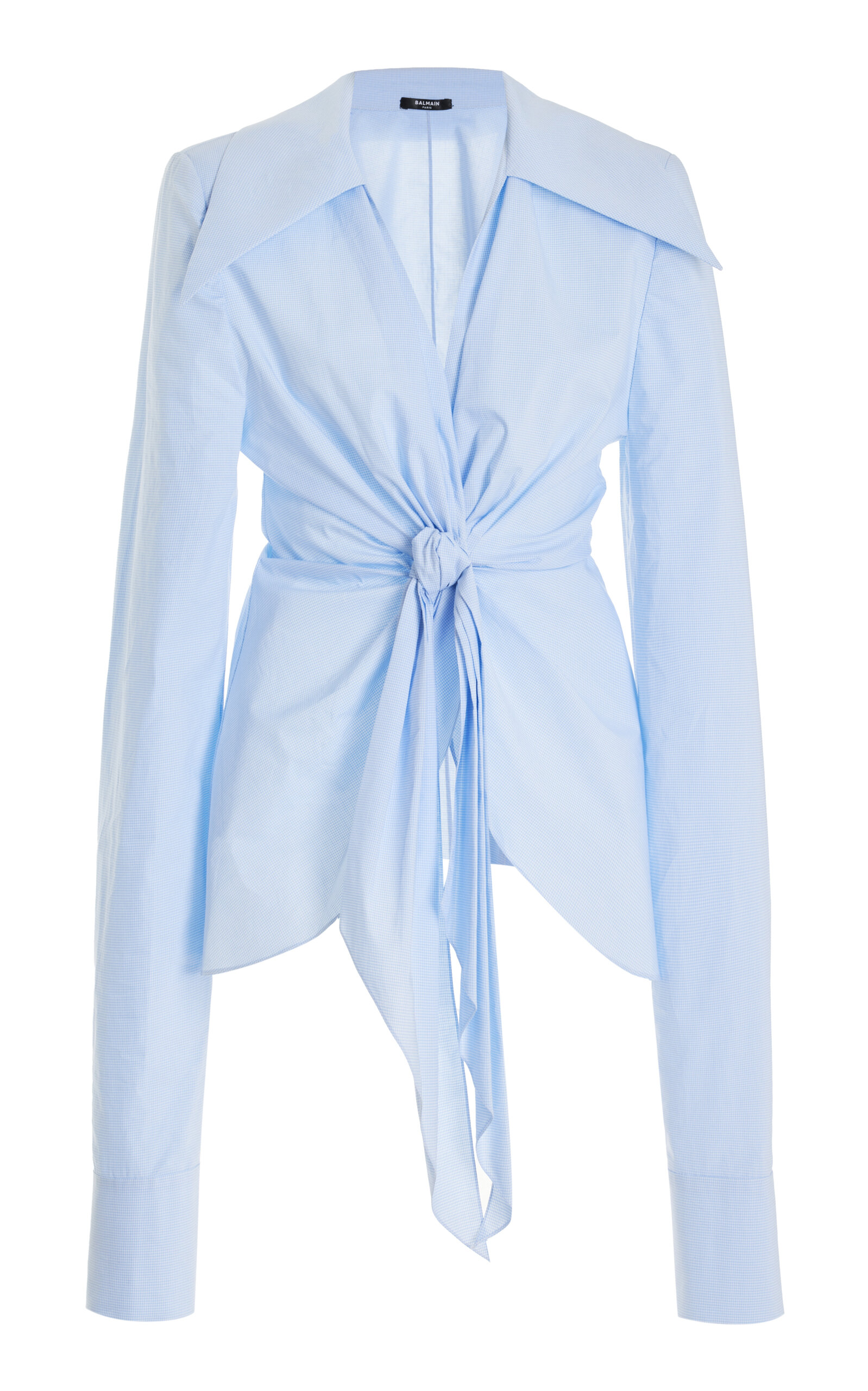 Shop Balmain Gingham-cotton Tie-front Shirt In Blue