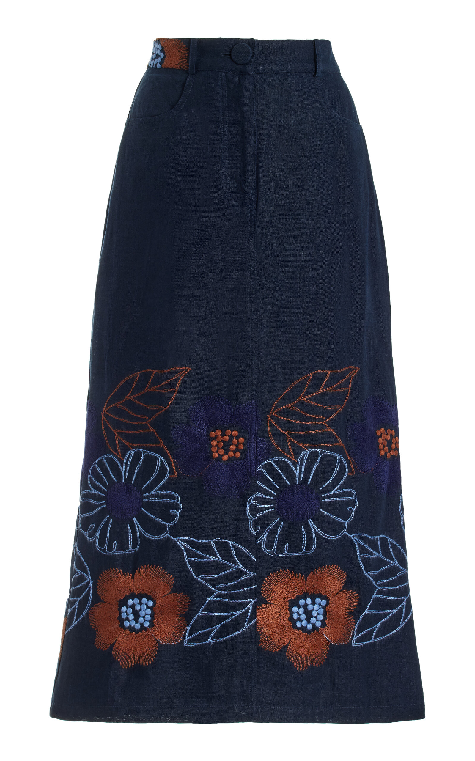 Silvia Tcherassi Layan Floral-Embroidered Linen Midi Skirt - Navy - XS