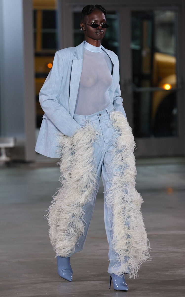 Lapointe Feathered Washed Denim Straight-leg Pants In Light Blue