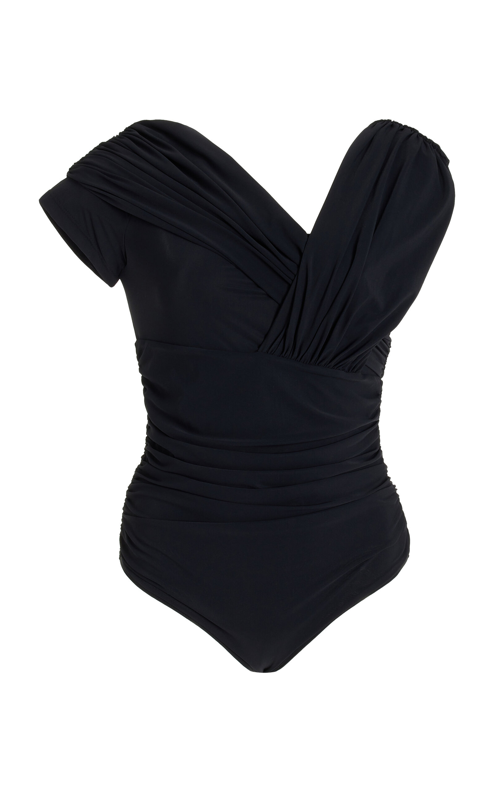 Agolde Etienne Off-the-shoulder Ruched Stretch-jersey Thong Bodysuit In Black