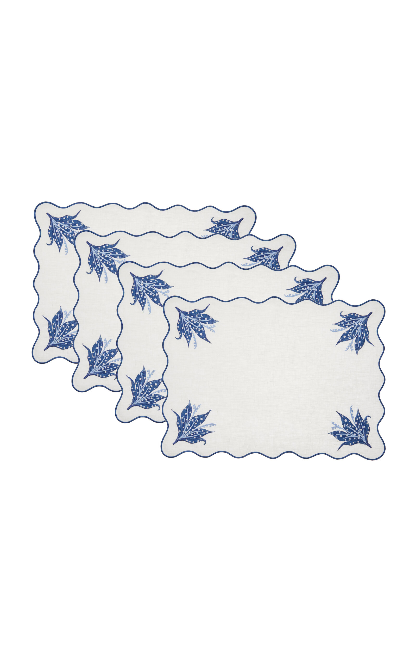 Shop Moda Domus Set-of-four Lily Of The Valley Emboirdered-linen Placemats In Blue